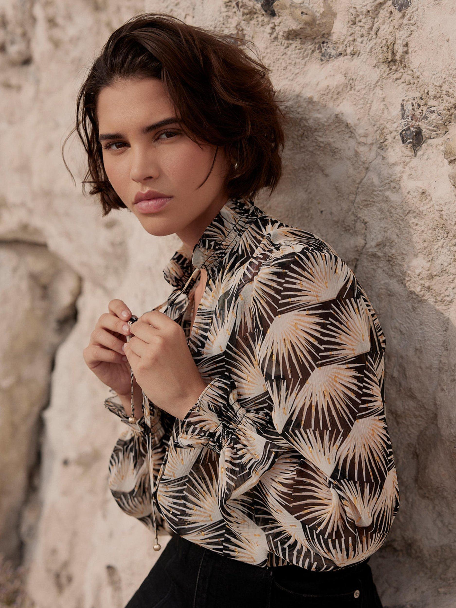 Product image 3 of 7, which shows Mint Velvet Geometric Print Tie Neck Buttoned Blouse , Black/Multi, XL