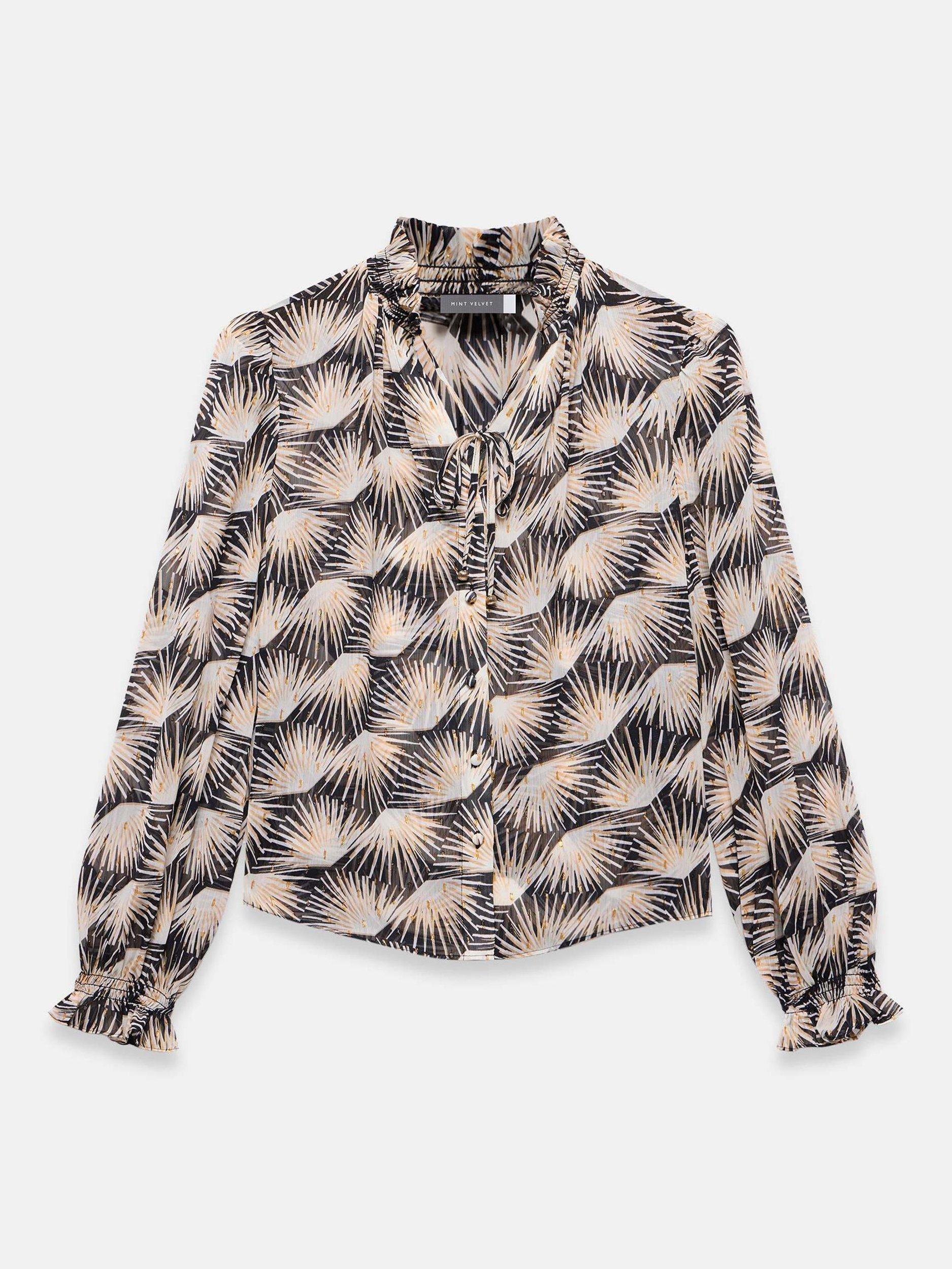 Product image 6 of 7, which shows Mint Velvet Geometric Print Tie Neck Buttoned Blouse , Black/Multi, XL