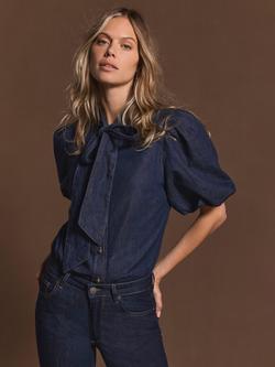 Mint Velve Puff Sleeve Denim Shirt - view 2, Blue Navy