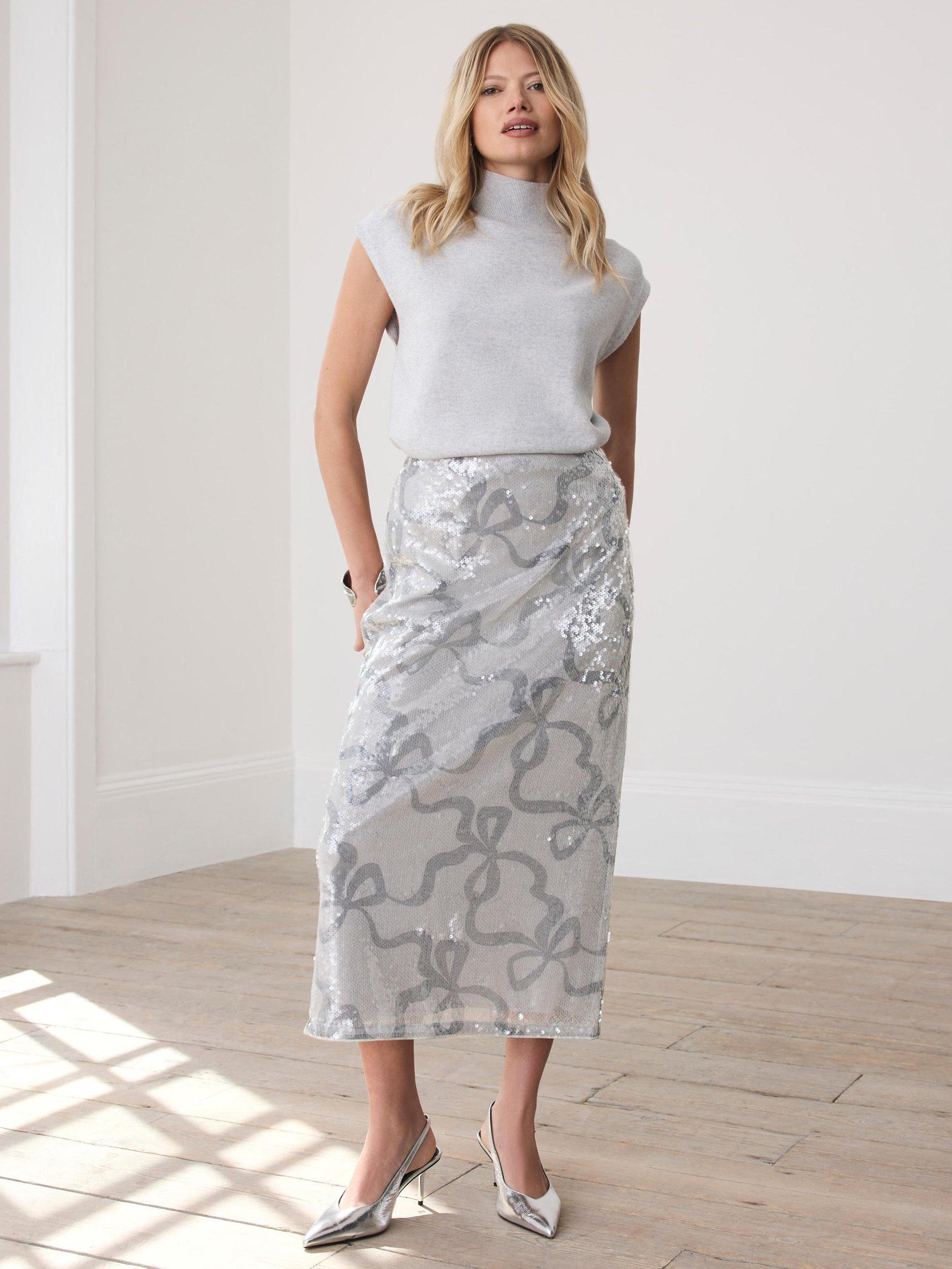 Product image 1 of 7, which shows Mint Velvet Sparkly Midi Pencil Skirt, Grey, 8