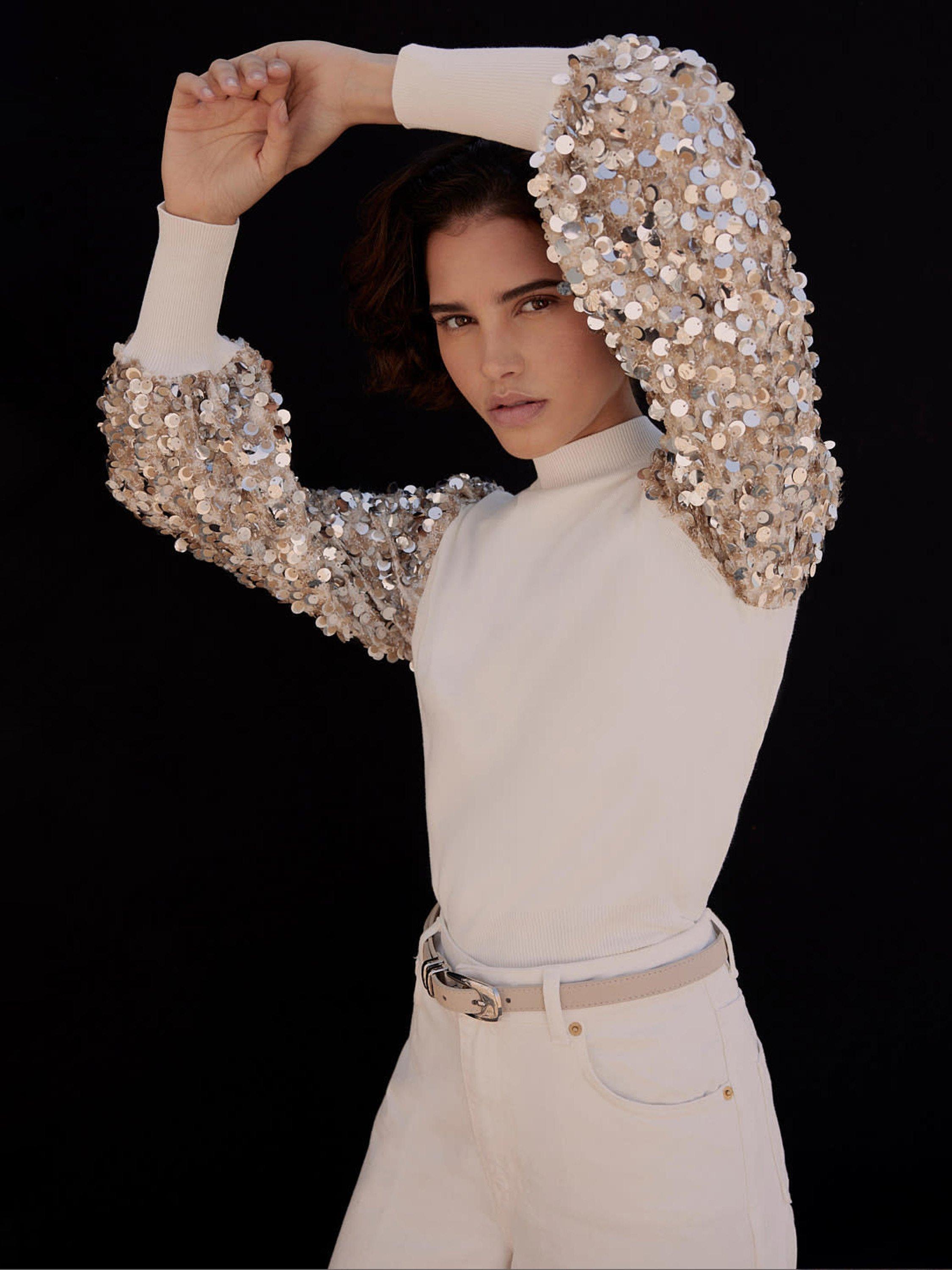 Product image 1 of 7, which shows Mint Velvet Sequin Sleeve Jumper, White Ivory, M