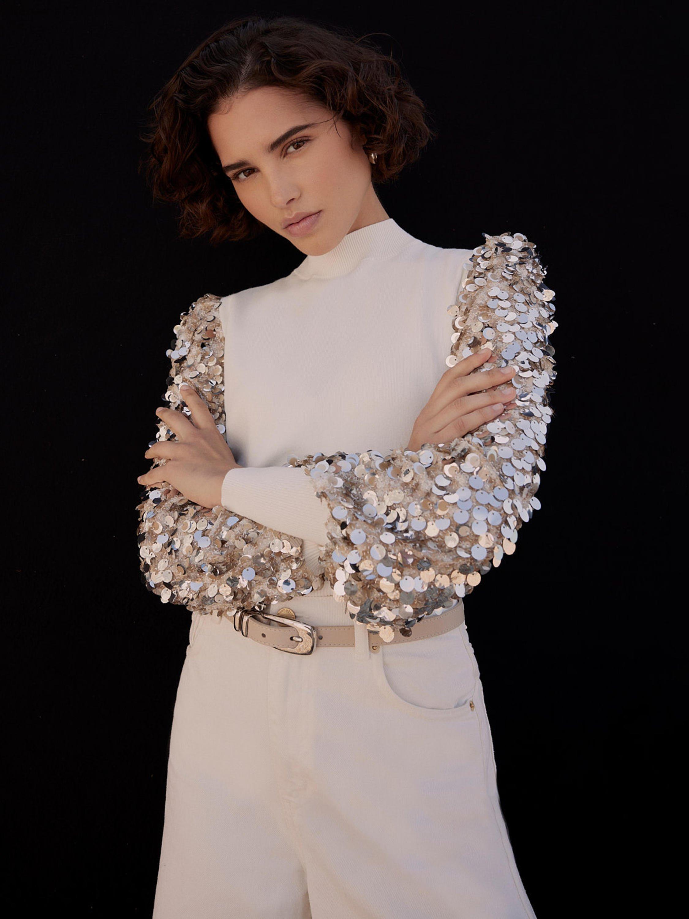 Product image 2 of 7, which shows Mint Velvet Sequin Sleeve Jumper, White Ivory, M