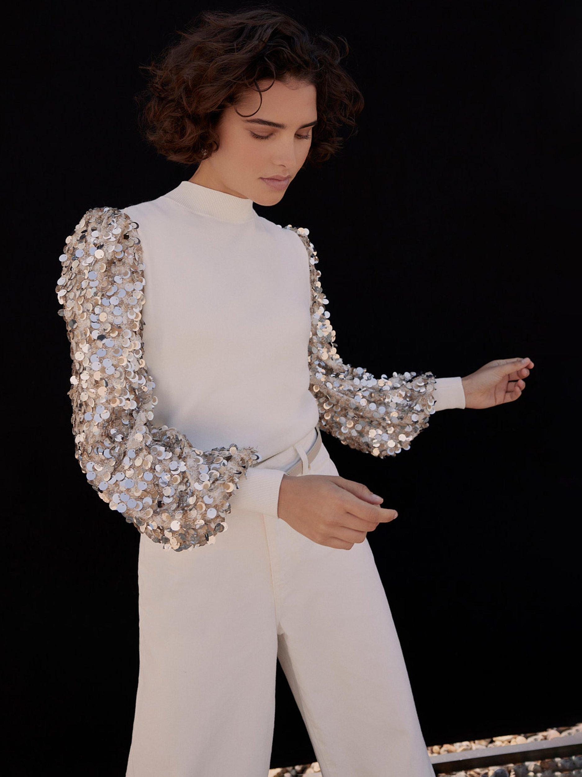 Product image 3 of 7, which shows Mint Velvet Sequin Sleeve Jumper, White Ivory, M