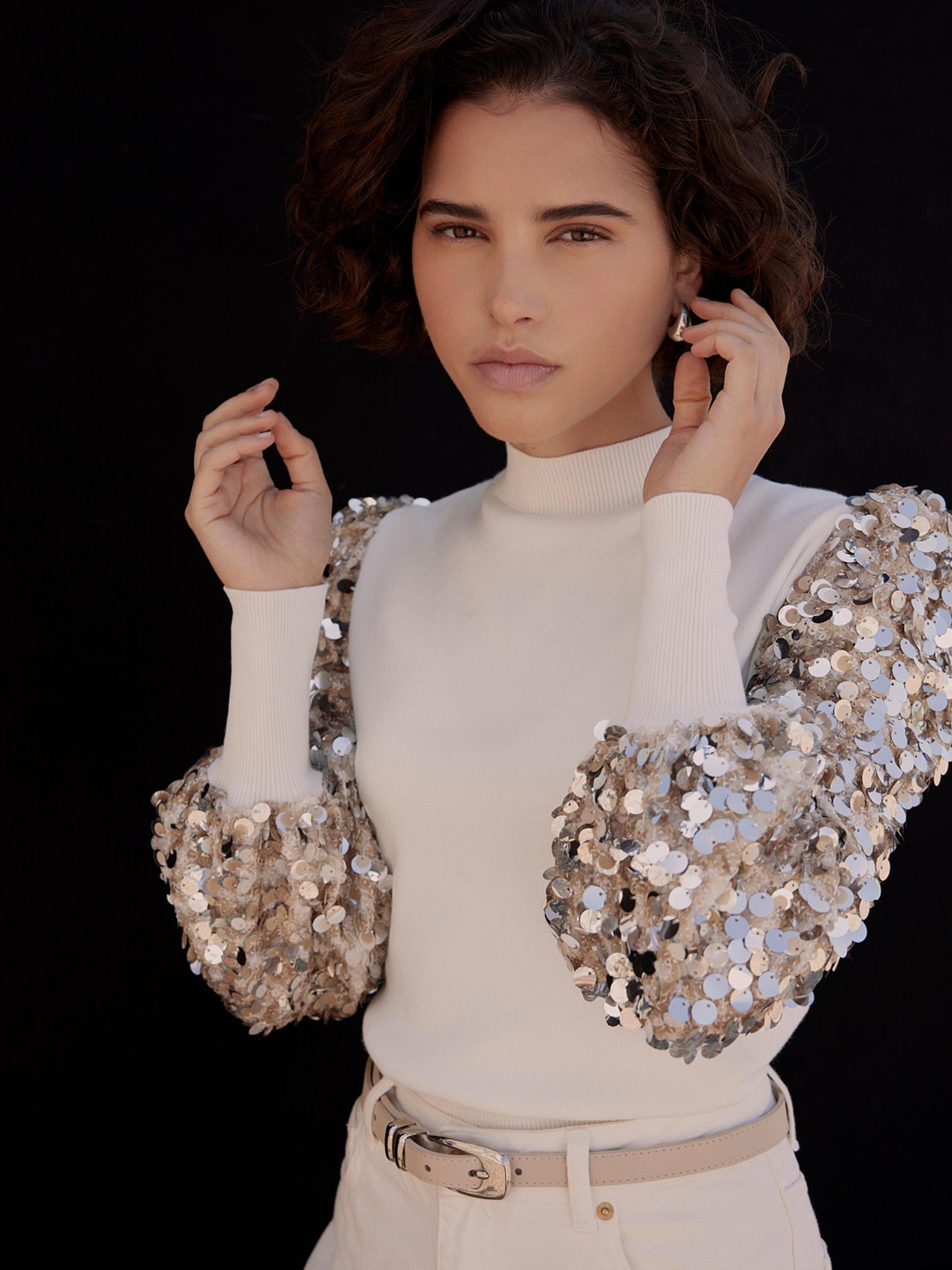 Product image 5 of 7, which shows Mint Velvet Sequin Sleeve Jumper, White Ivory, M