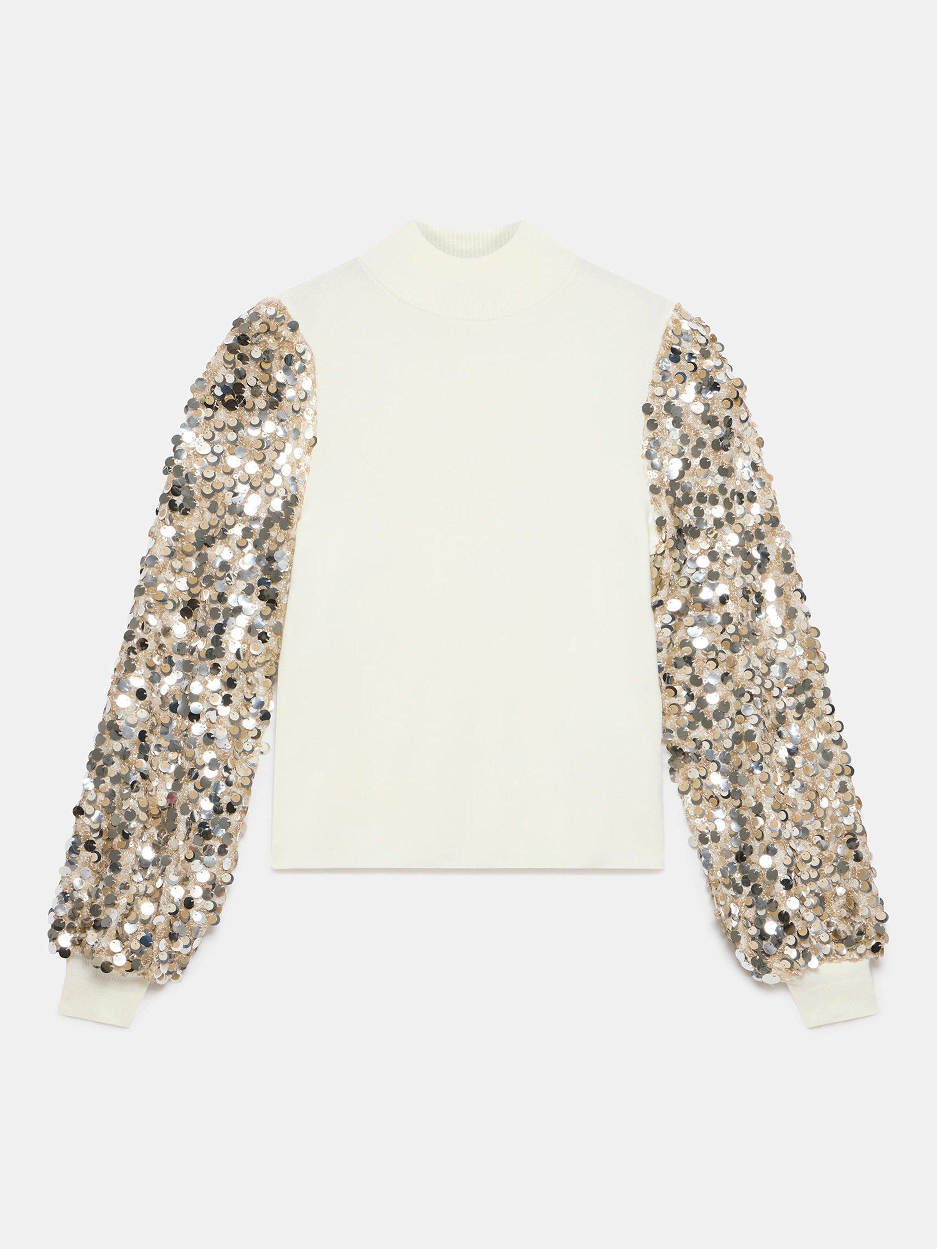 Product image 6 of 7, which shows Mint Velvet Sequin Sleeve Jumper, White Ivory, M