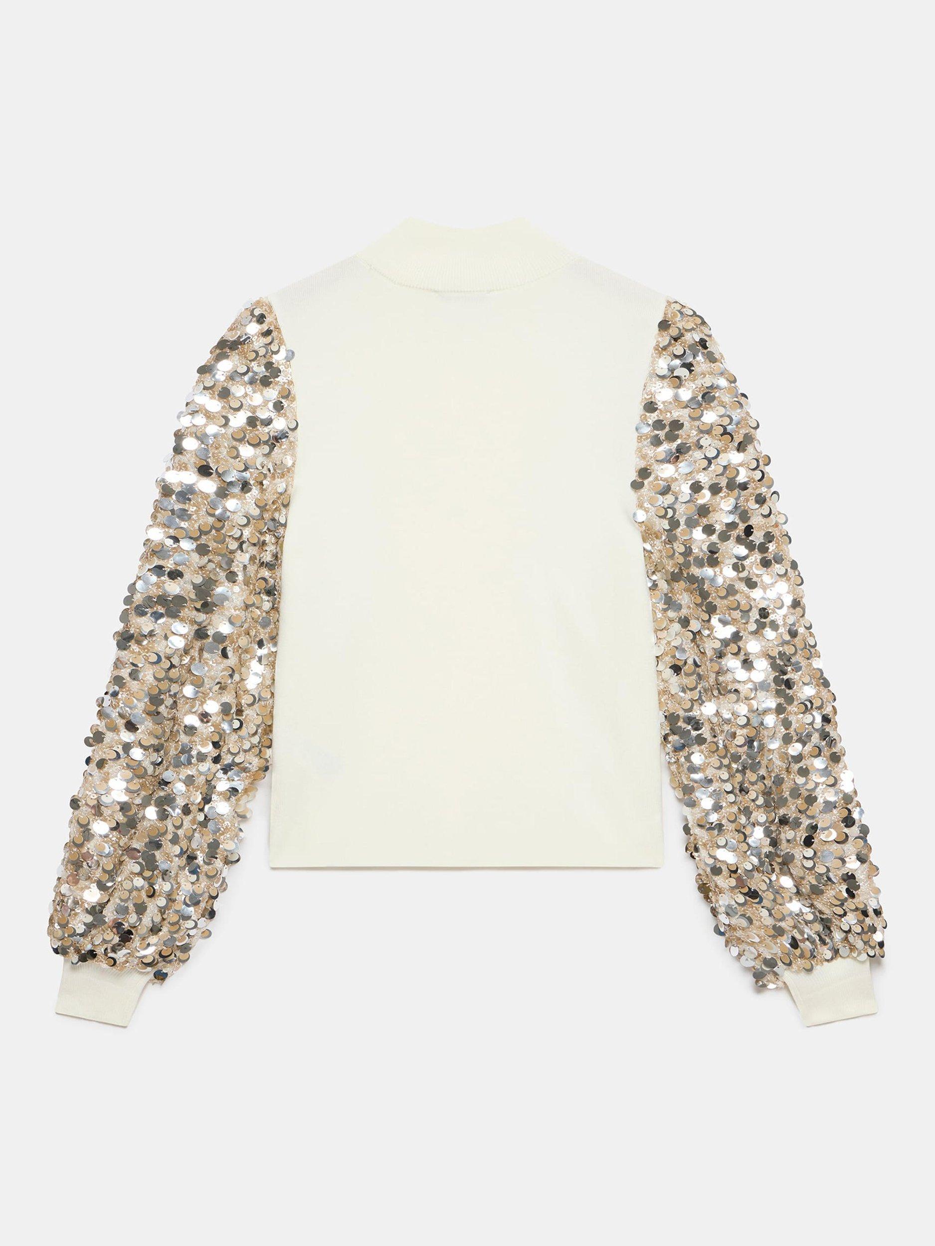 Product image 7 of 7, which shows Mint Velvet Sequin Sleeve Jumper, White Ivory, M