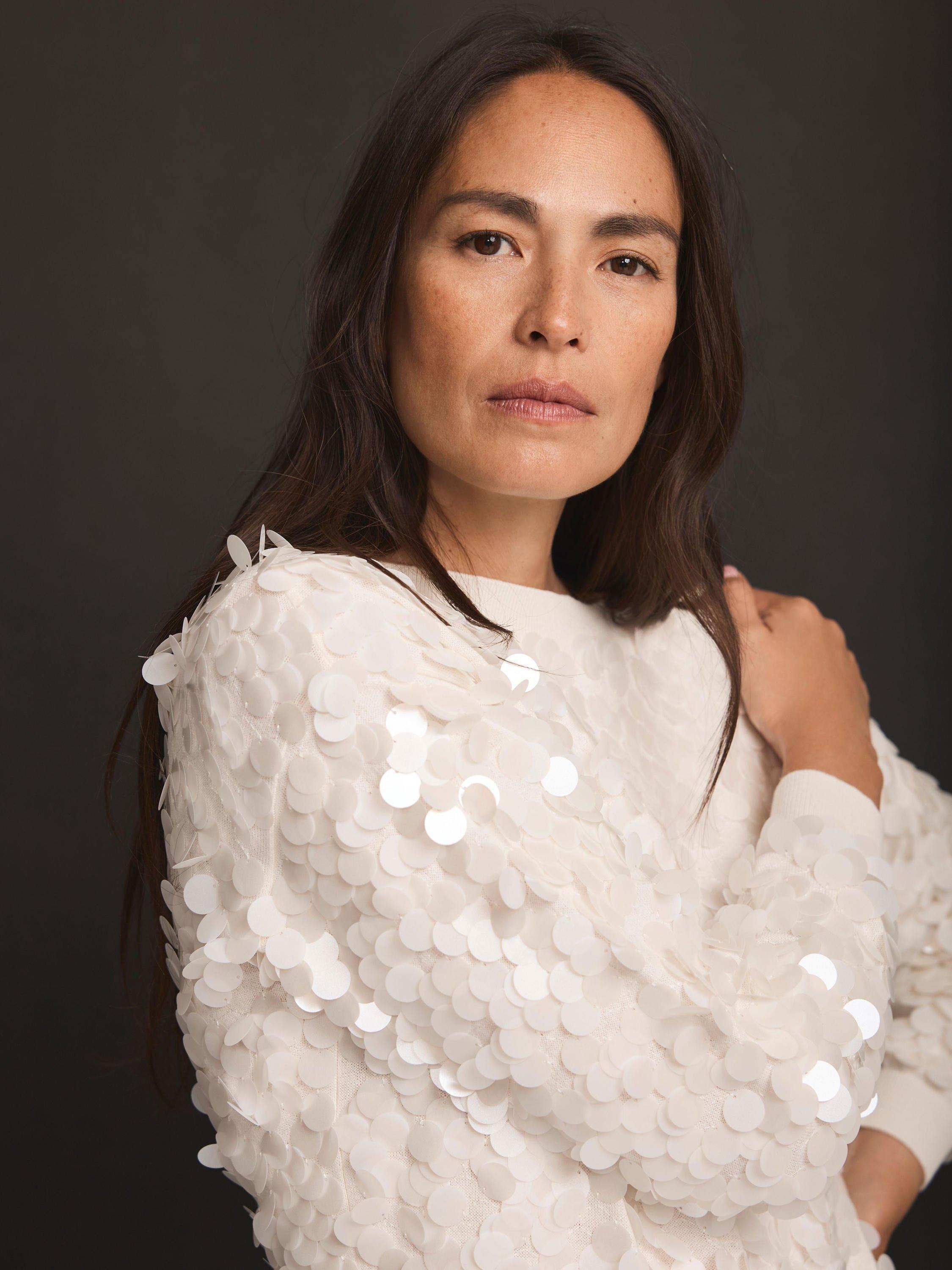 Product image 3 of 7, which shows Mint Velvet Cotton Sequin Boat Neck Jumper, White Ivory, XS