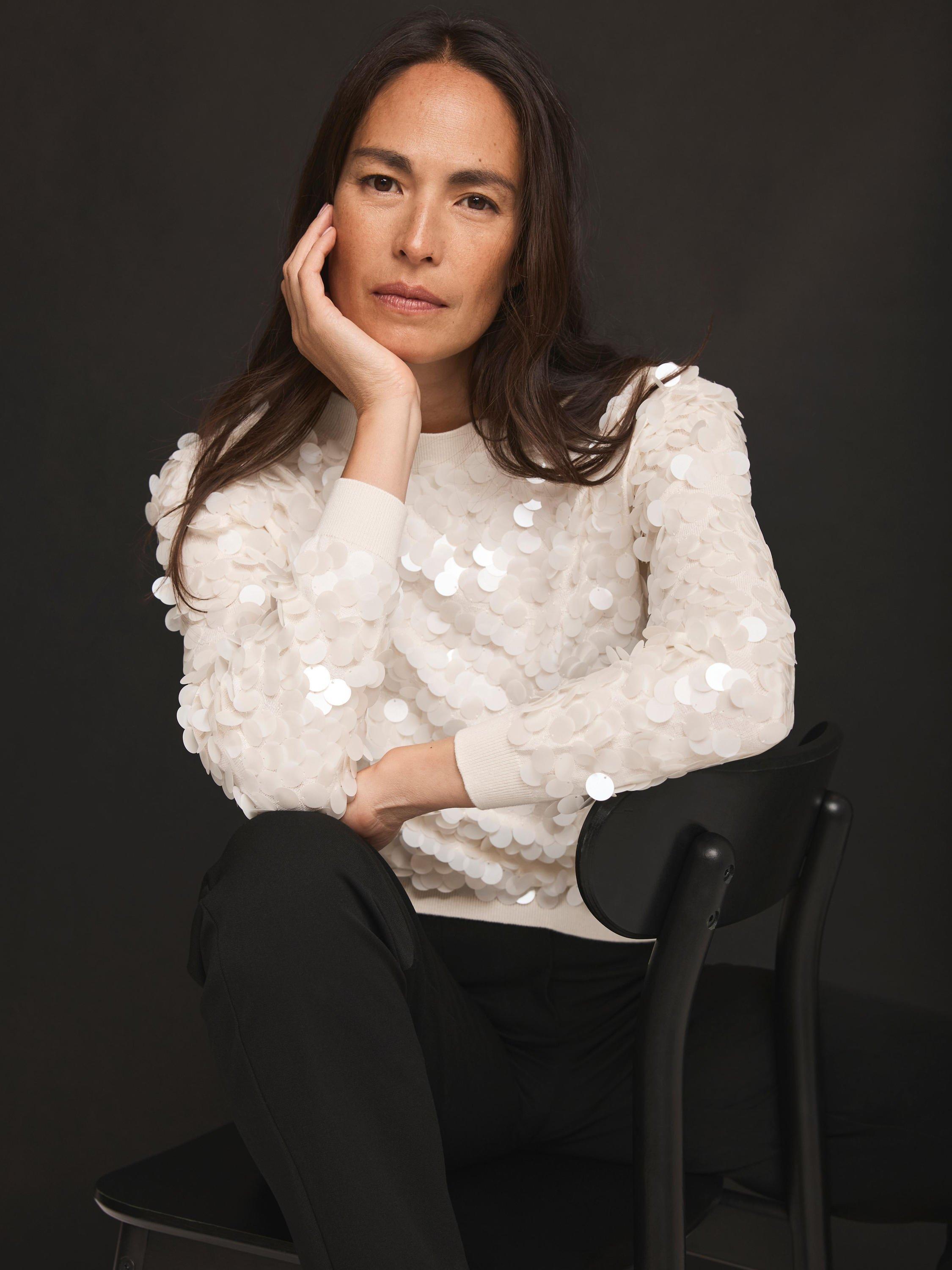 Product image 4 of 7, which shows Mint Velvet Cotton Sequin Boat Neck Jumper, White Ivory, XS