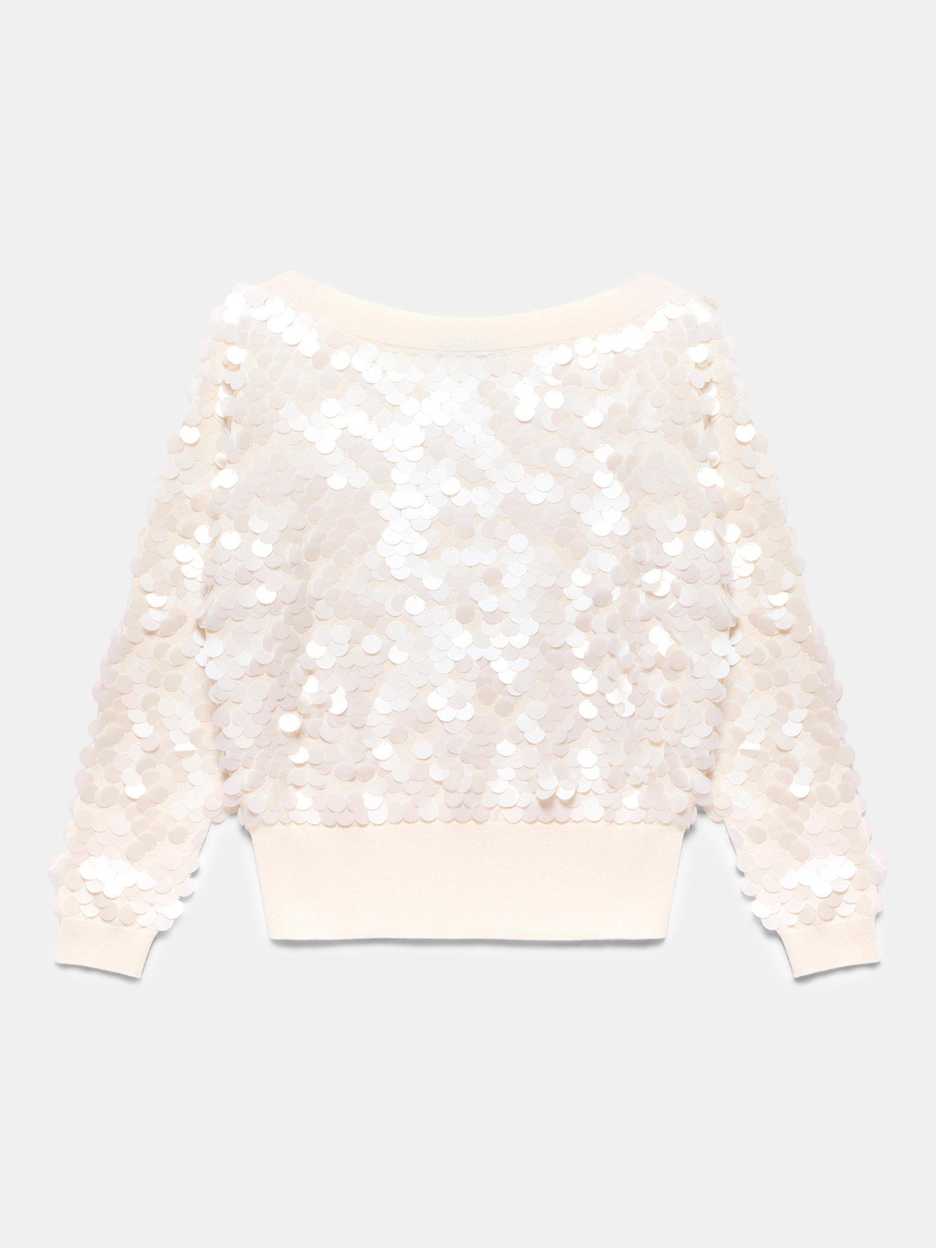 Product image 6 of 7, which shows Mint Velvet Cotton Sequin Boat Neck Jumper, White Ivory, XS