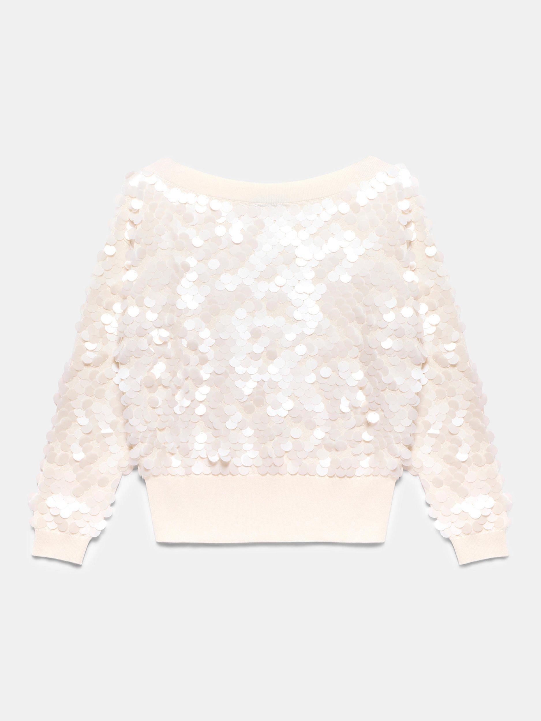 Product image 7 of 7, which shows Mint Velvet Cotton Sequin Boat Neck Jumper, White Ivory, XS