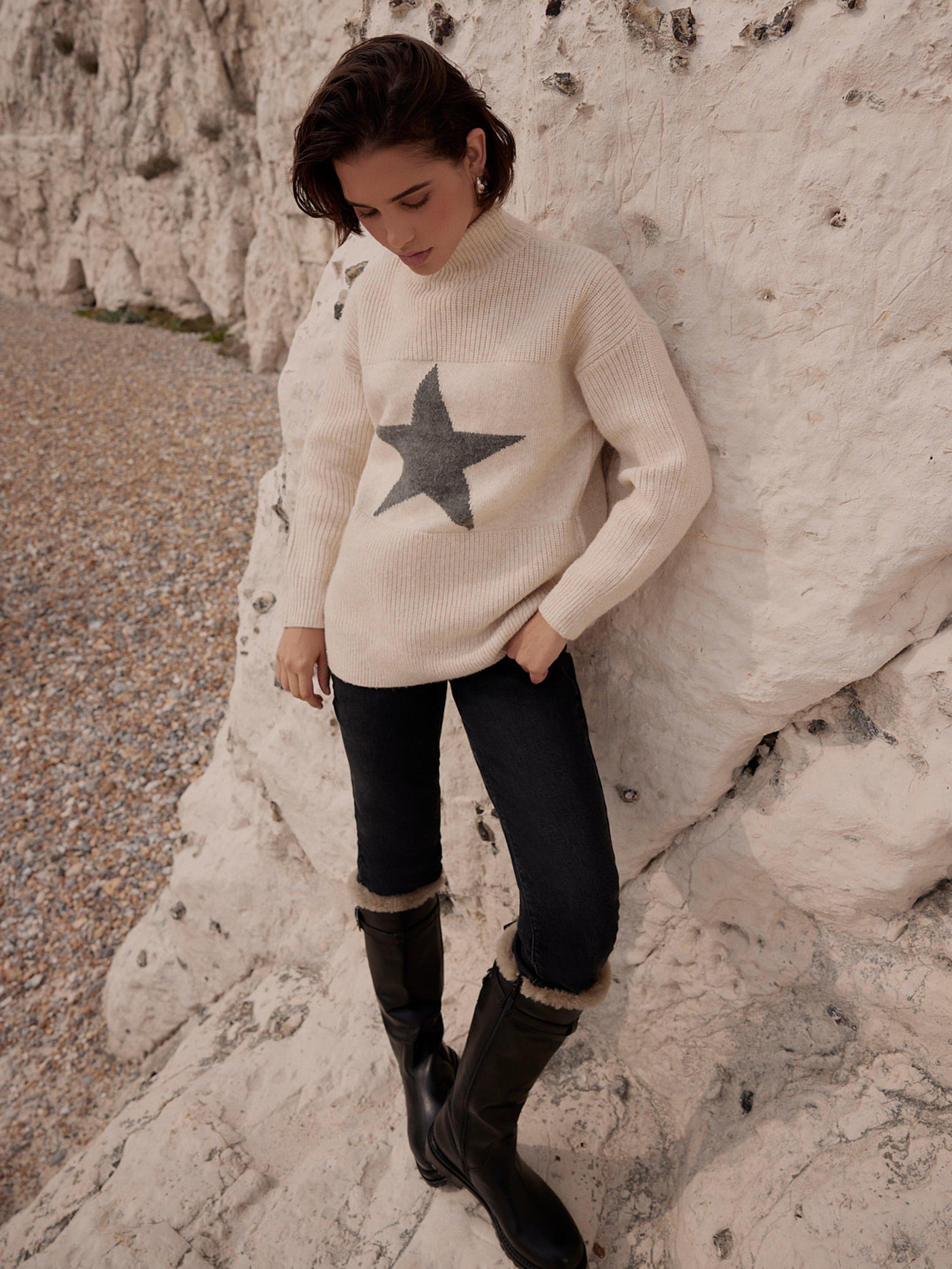 Product image 4 of 7, which shows Mint Velvet Wool Blend Star Funnel Neck Jumper, Natural, M