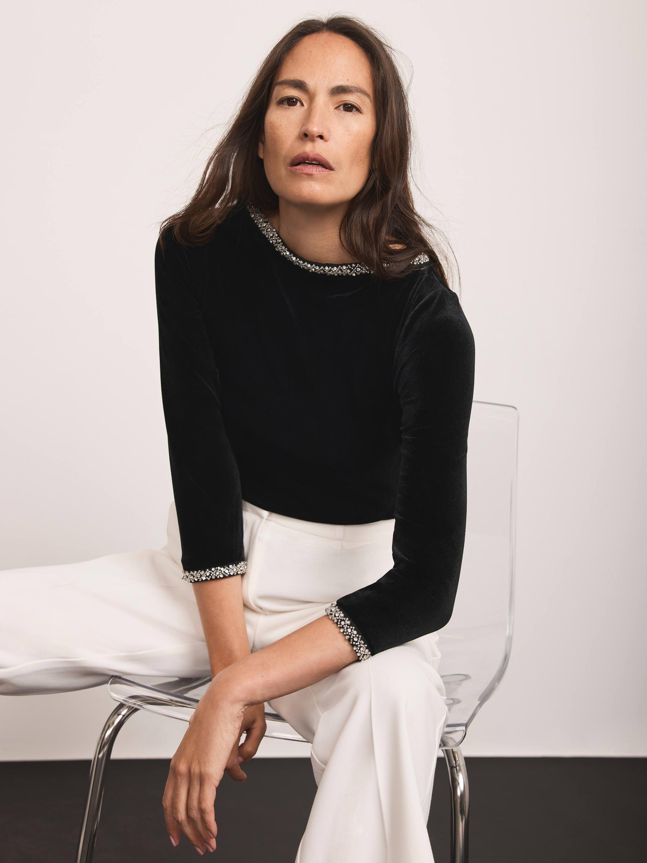 Mint Velvet Embellished Velvet Trim Top