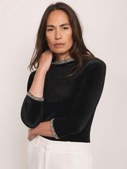 Mint Velvet Embellished Velvet Trim Top - view 2, Black