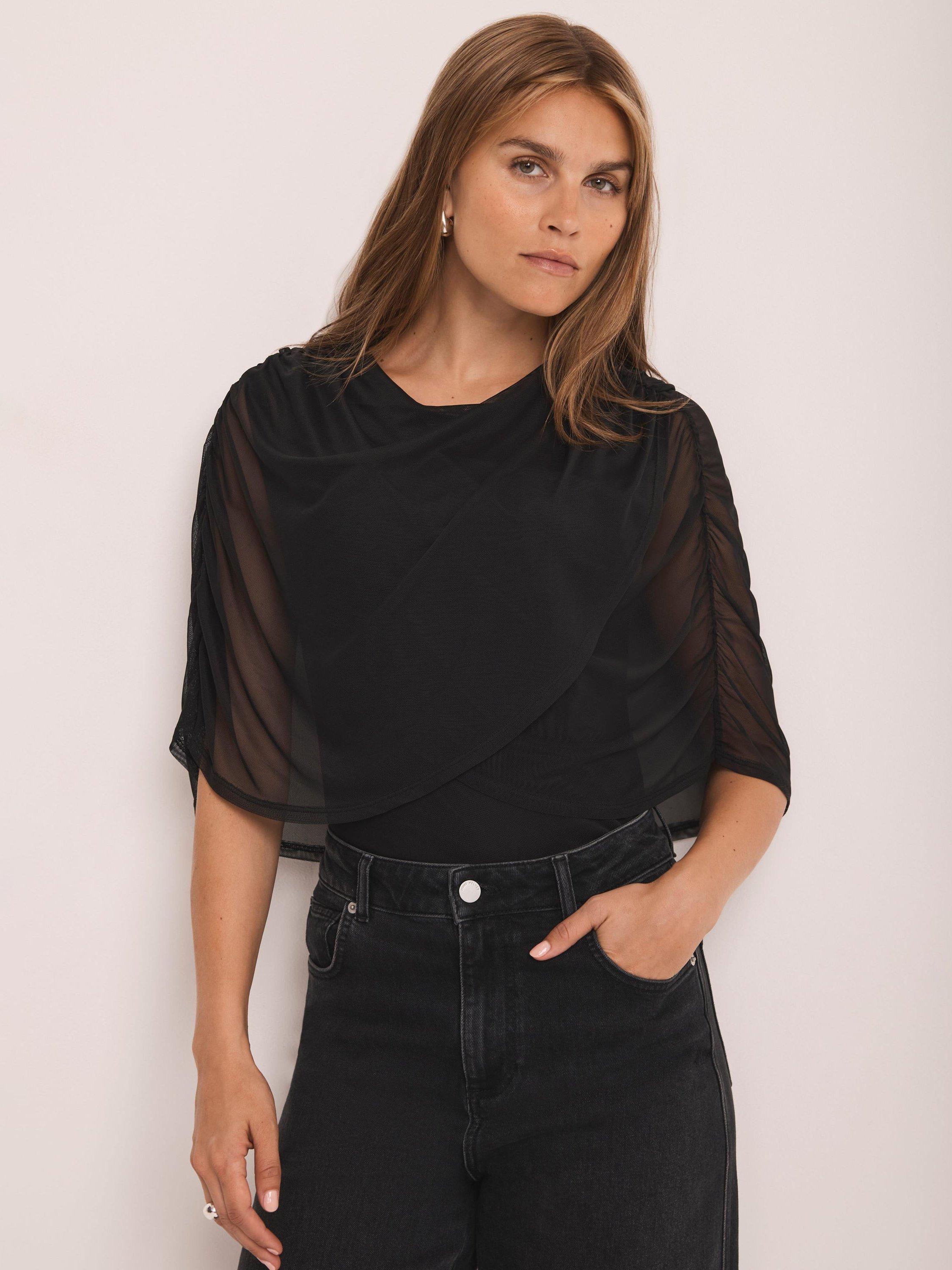 Product image 1 of 7, which shows Mint Velvet Mesh Round Neck Cape Detail Top, Black, M
