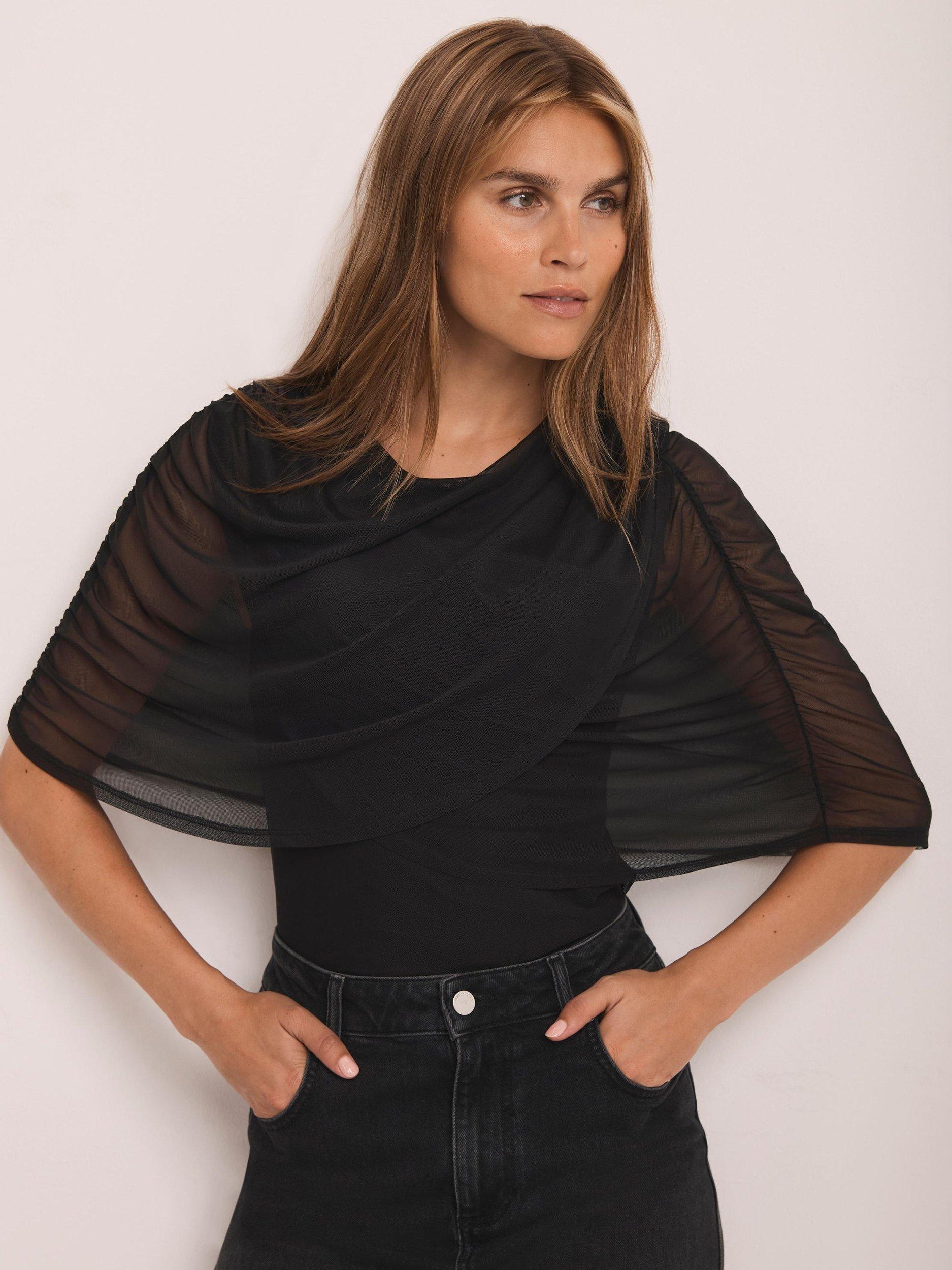 Product image 4 of 7, which shows Mint Velvet Mesh Round Neck Cape Detail Top, Black, M