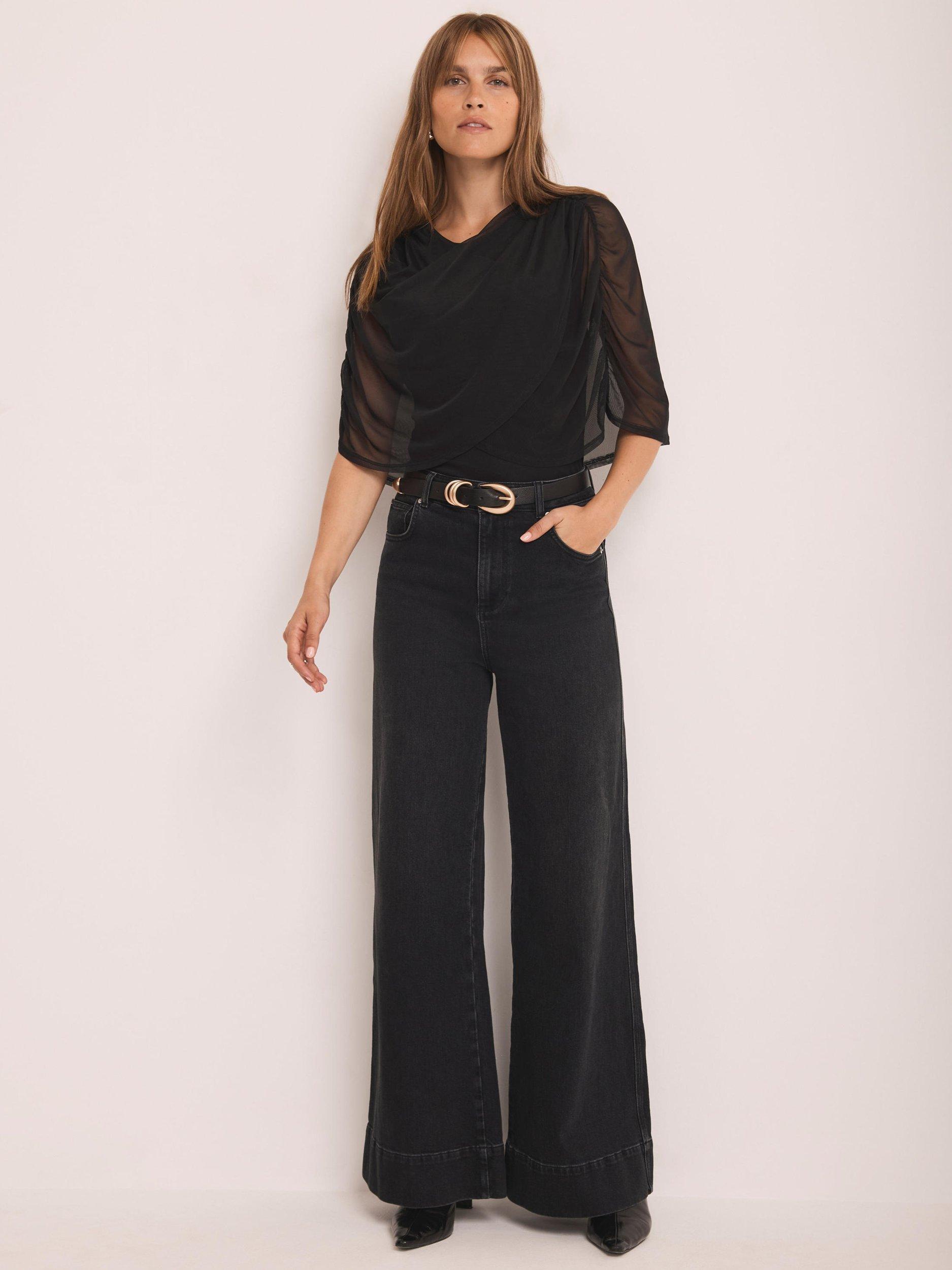 Product image 5 of 7, which shows Mint Velvet Mesh Round Neck Cape Detail Top, Black, M