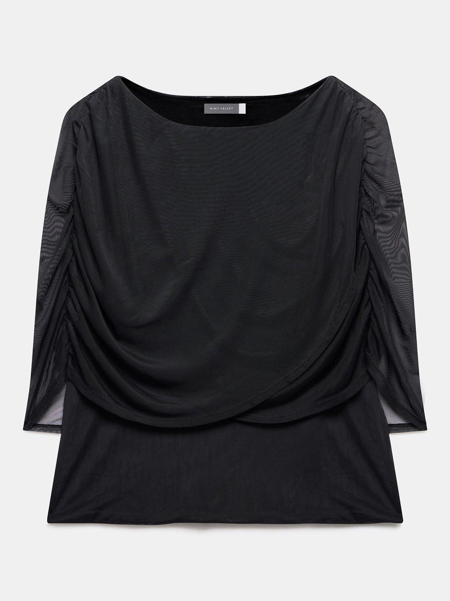 Product image 6 of 7, which shows Mint Velvet Mesh Round Neck Cape Detail Top, Black, M