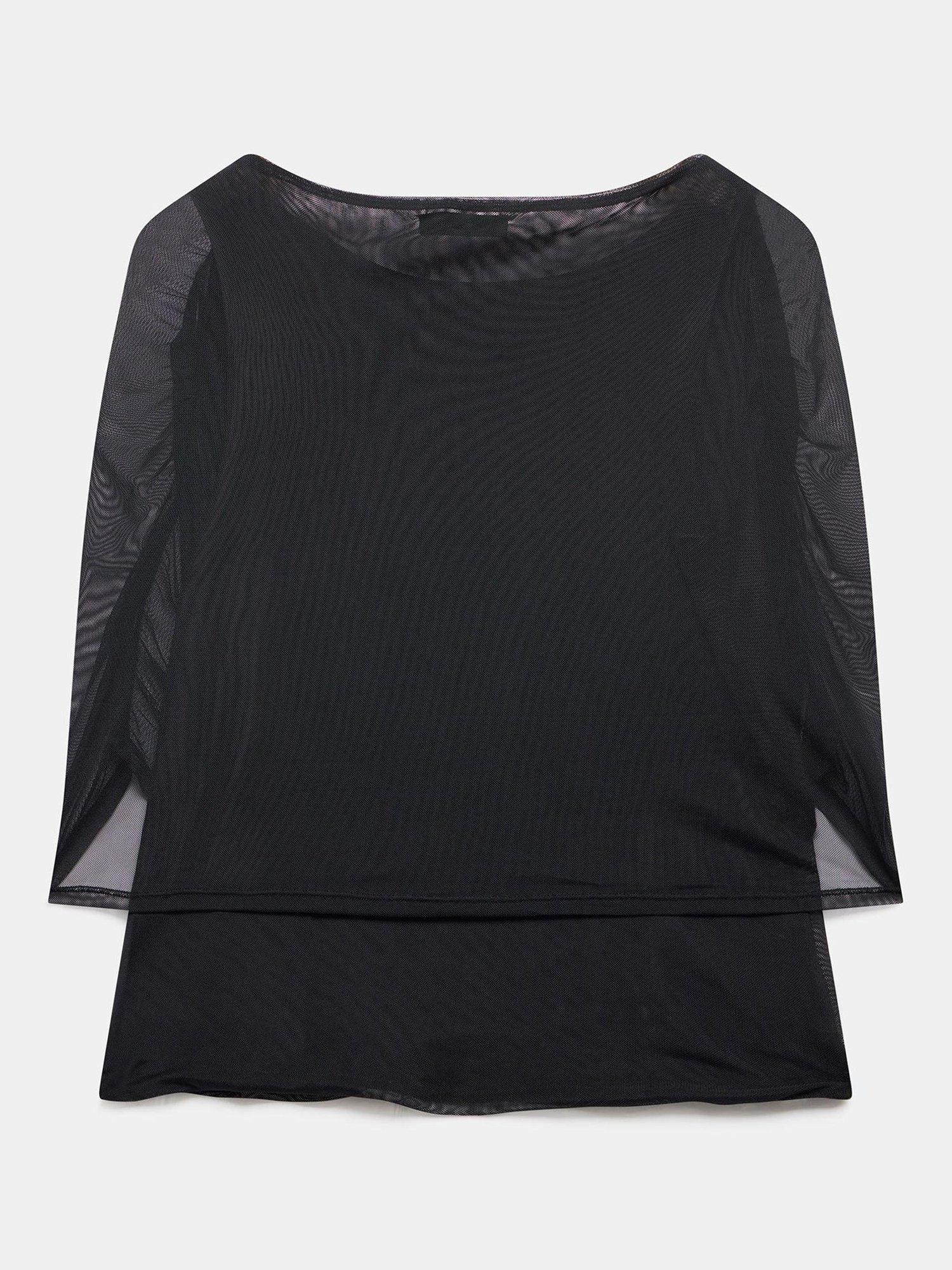 Product image 7 of 7, which shows Mint Velvet Mesh Round Neck Cape Detail Top, Black, M