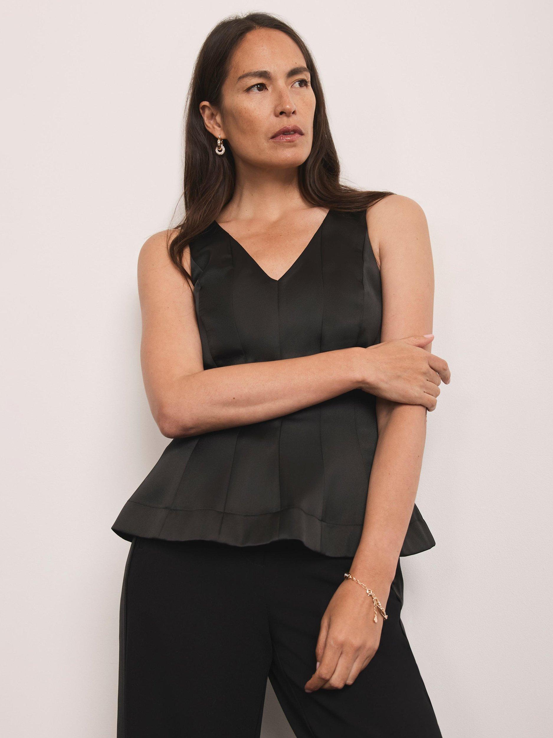 Product image 1 of 7, which shows Mint Velvet Structured V-Neck Satin Top, Black, 6