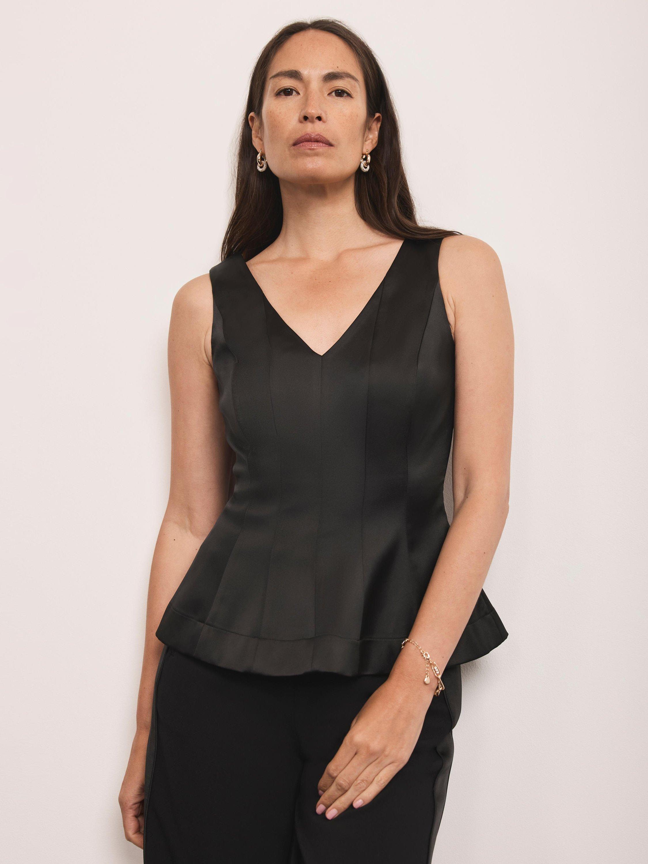 Product image 5 of 7, which shows Mint Velvet Structured V-Neck Satin Top, Black, 6