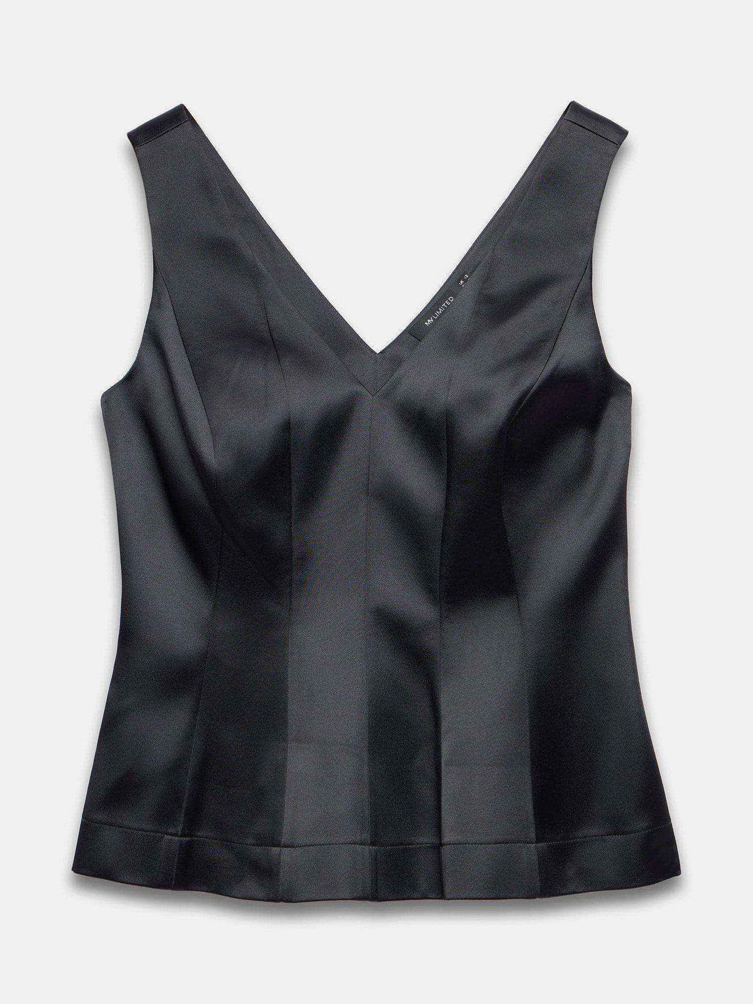 Product image 6 of 7, which shows Mint Velvet Structured V-Neck Satin Top, Black, 6
