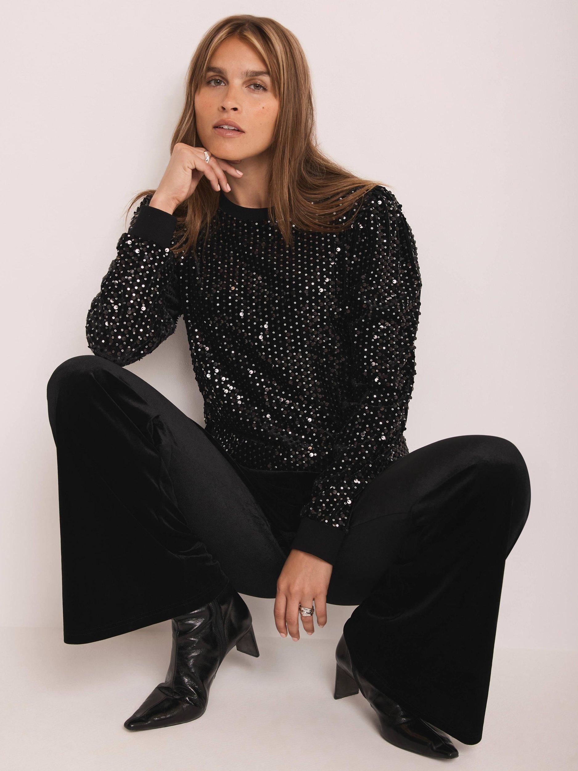 Product image 3 of 7, which shows Mint Velvet Embellished Velvet Sweatshirt , Black, XS