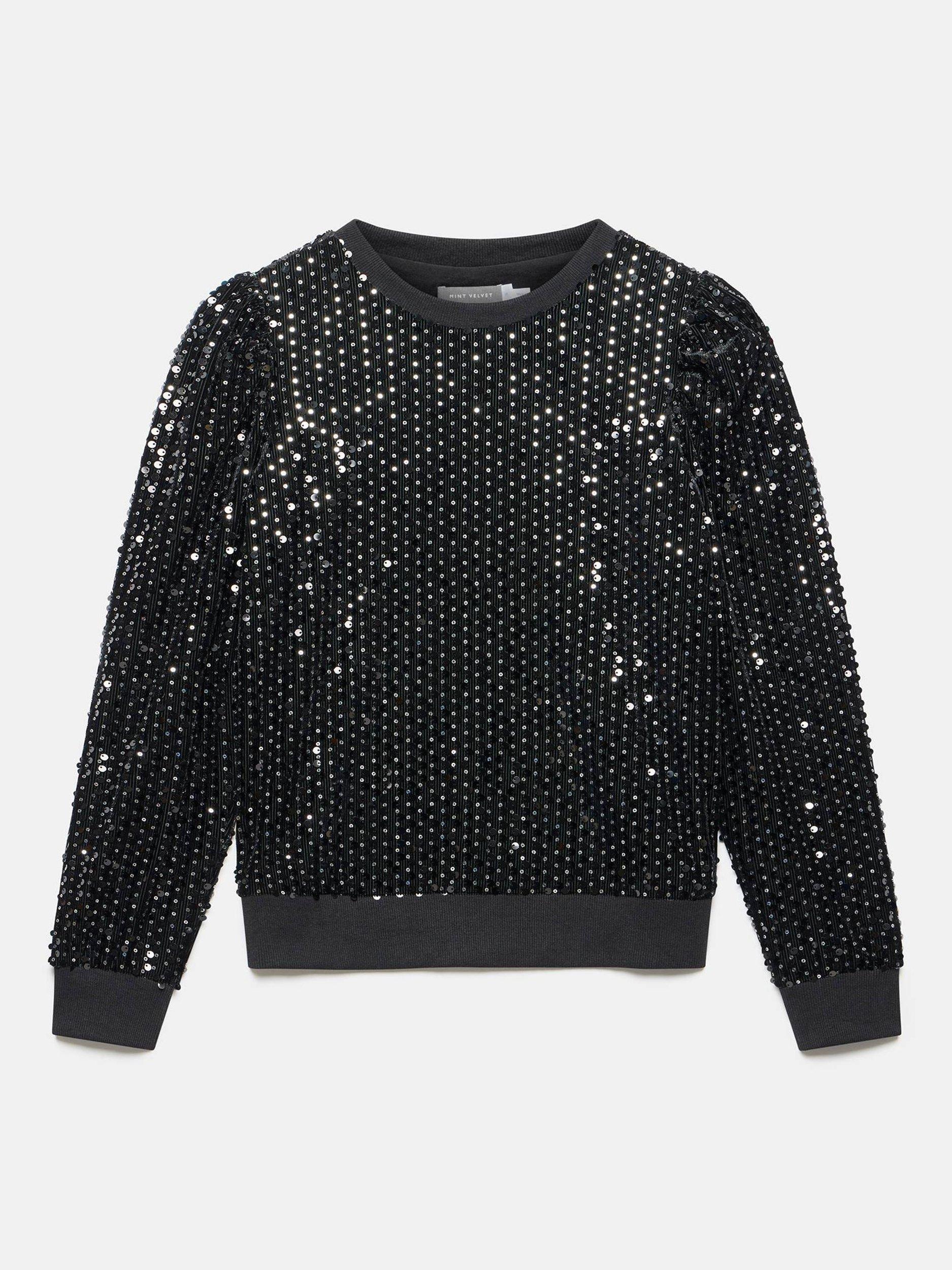 Product image 6 of 7, which shows Mint Velvet Embellished Velvet Sweatshirt , Black, XS
