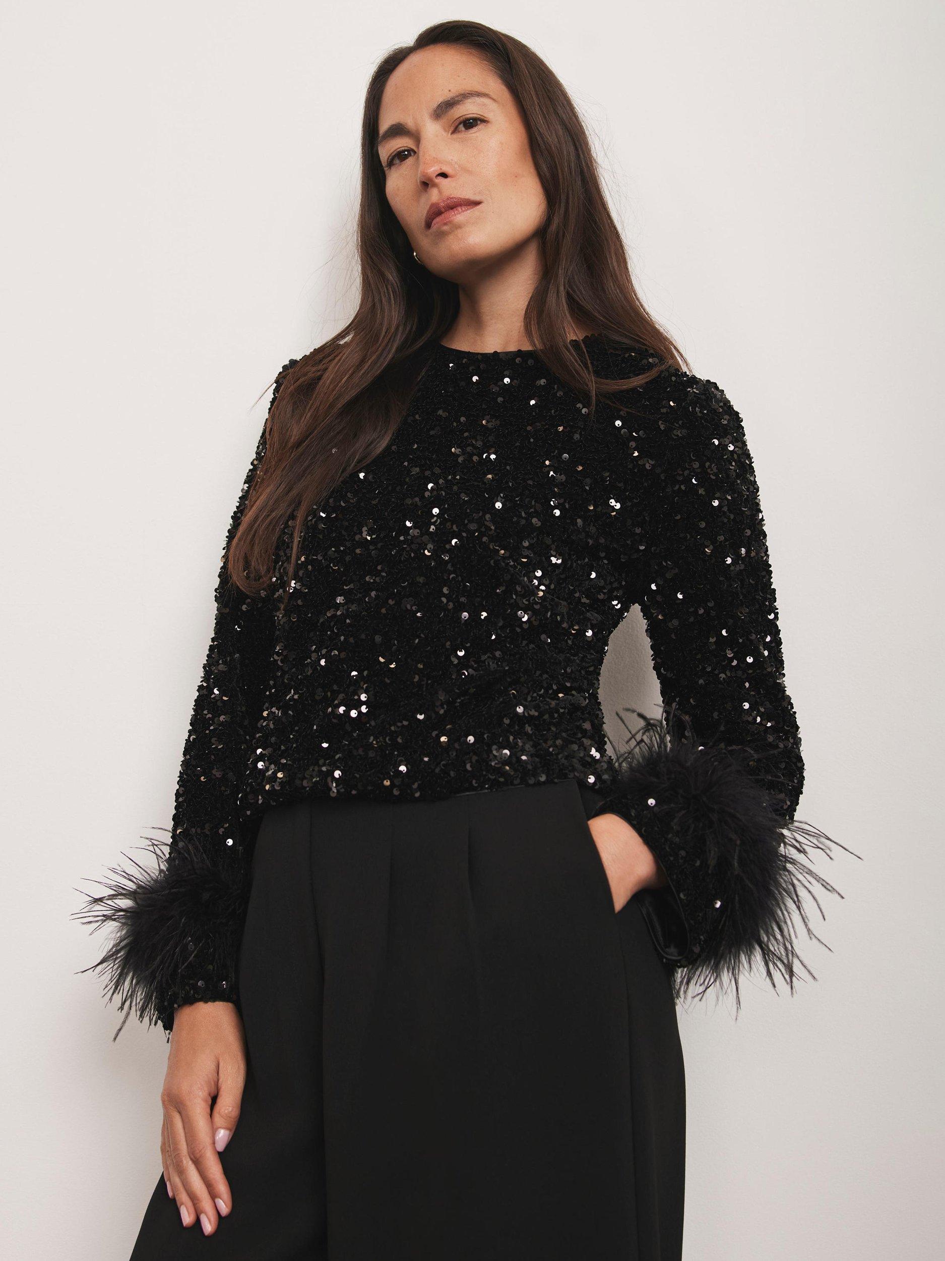 Product image 1 of 8, which shows Mint Velvet Sequin Embellished Feather Trim Top , Black, XS