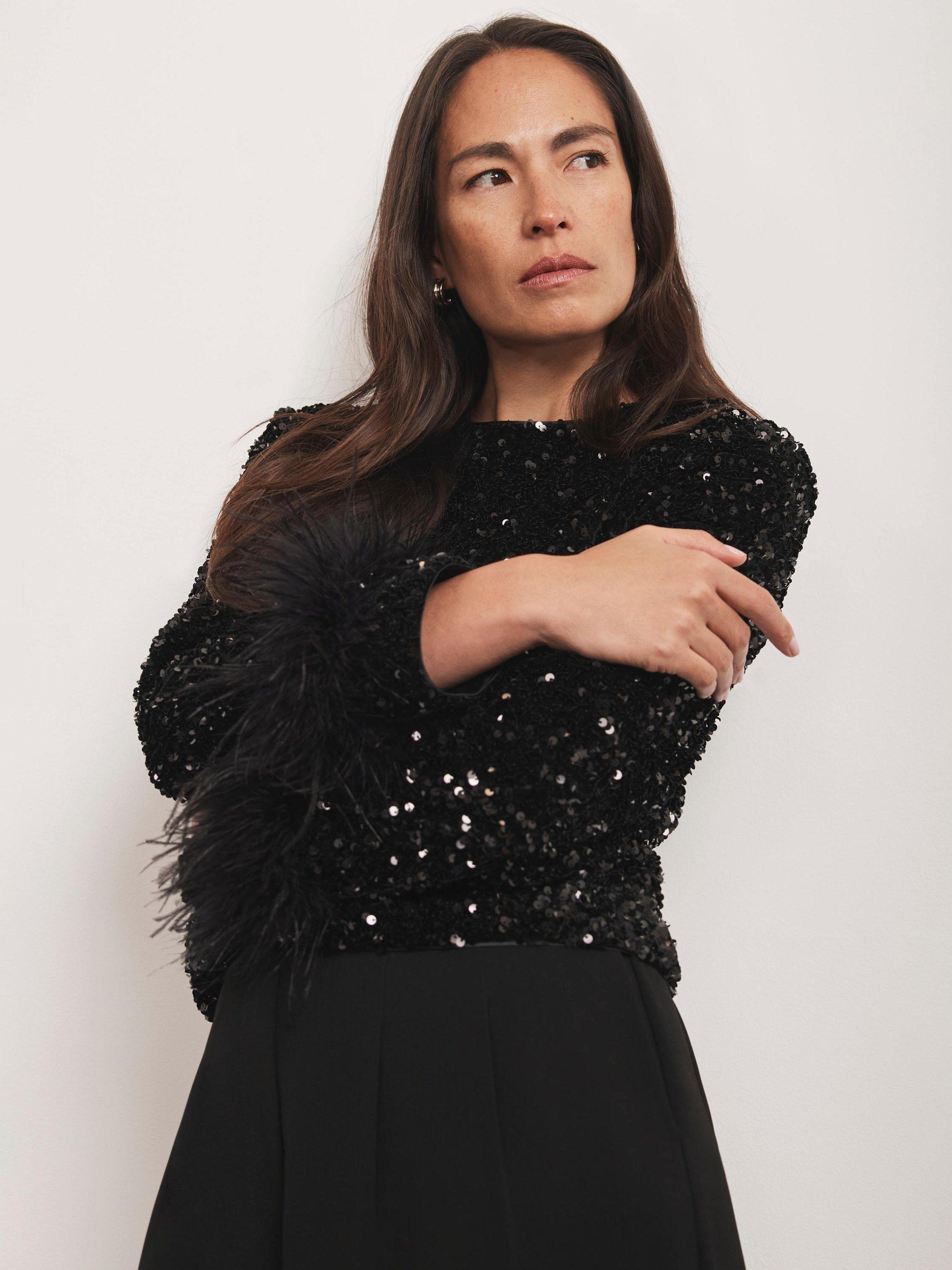 Product image 3 of 8, which shows Mint Velvet Sequin Embellished Feather Trim Top , Black, XS