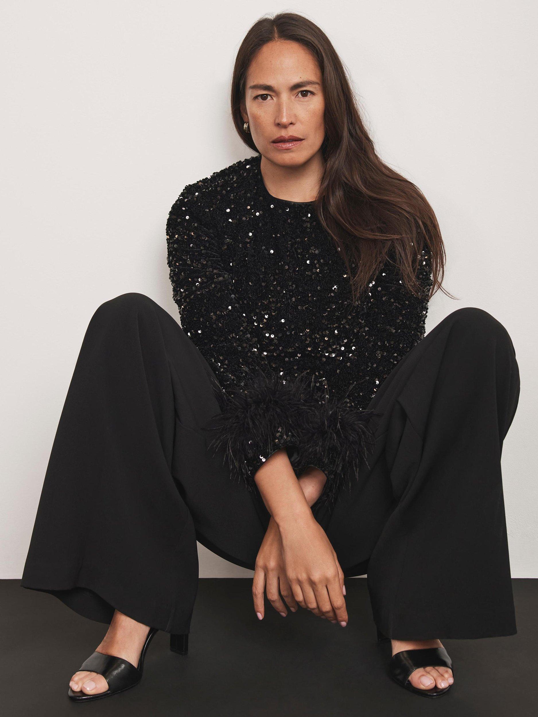 Product image 4 of 8, which shows Mint Velvet Sequin Embellished Feather Trim Top , Black, XS