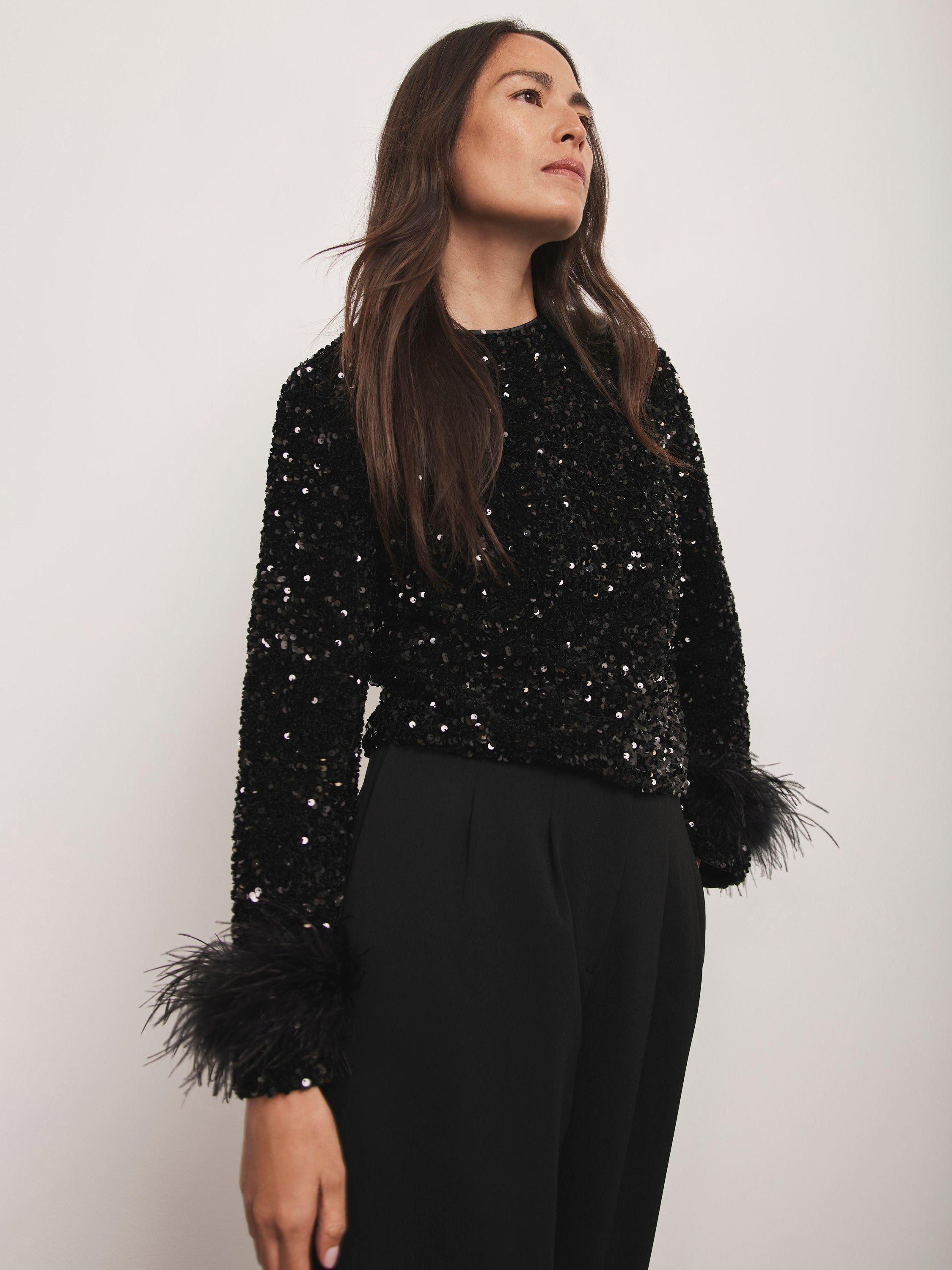 Product image 5 of 8, which shows Mint Velvet Sequin Embellished Feather Trim Top , Black, XS