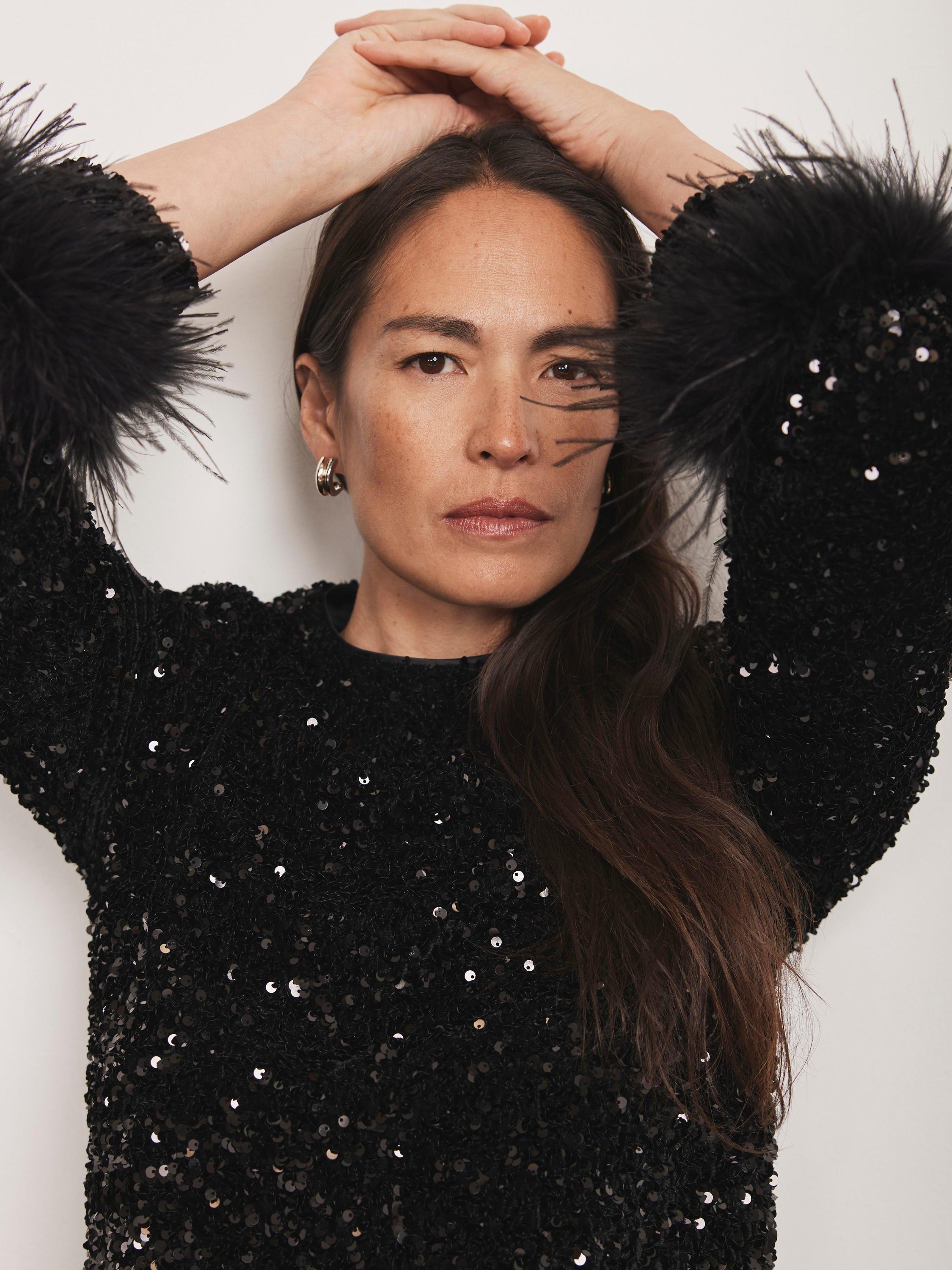 Product image 6 of 8, which shows Mint Velvet Sequin Embellished Feather Trim Top , Black, XS