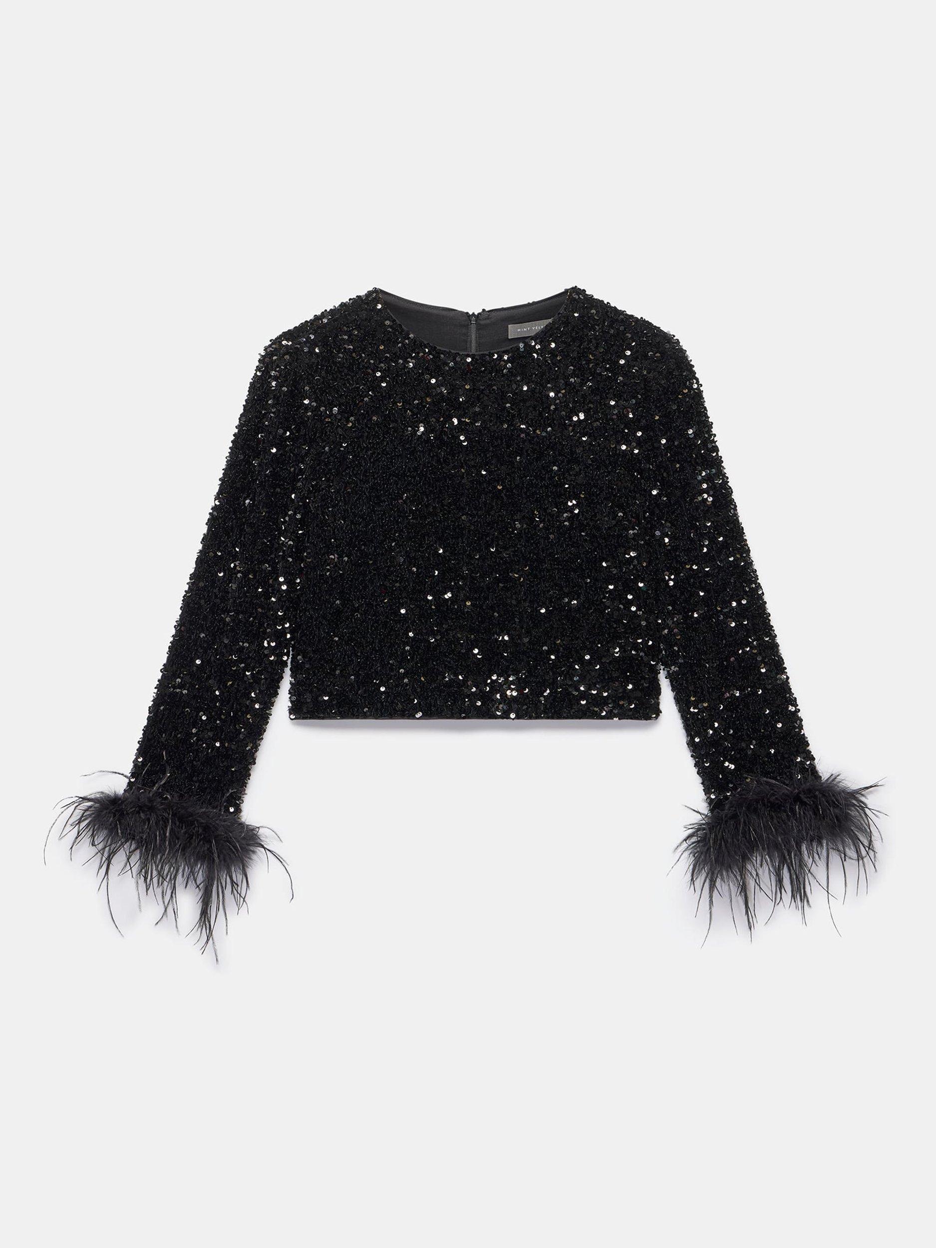 Product image 7 of 8, which shows Mint Velvet Sequin Embellished Feather Trim Top , Black, XS