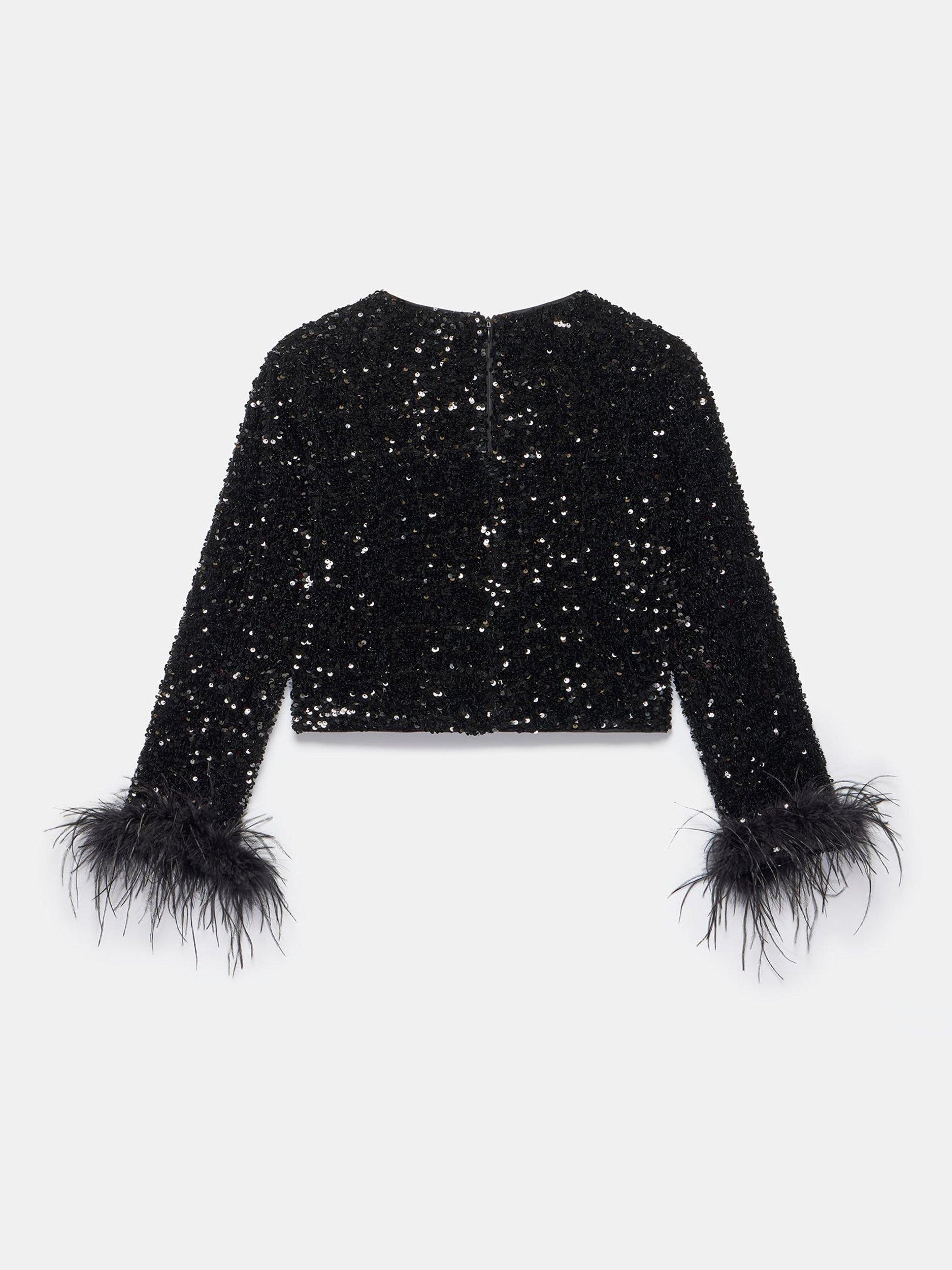 Product image 8 of 8, which shows Mint Velvet Sequin Embellished Feather Trim Top , Black, XS