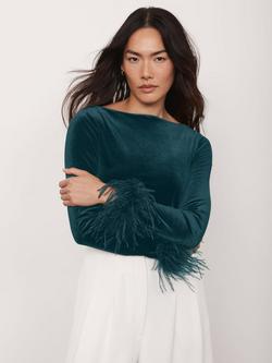 Mint Velvet Feather Trim Boat Neck Jersey Top - view 2, Green