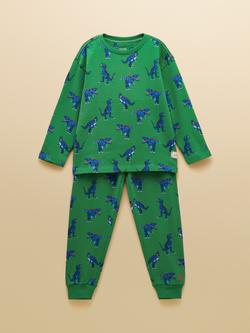 Joules Kids' Cotton Blend Dinosaur Print Pyjama Set, Green, Green
