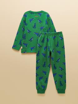 Joules Kids' Cotton Blend Dinosaur Print Pyjama Set, Green - view 2, Green