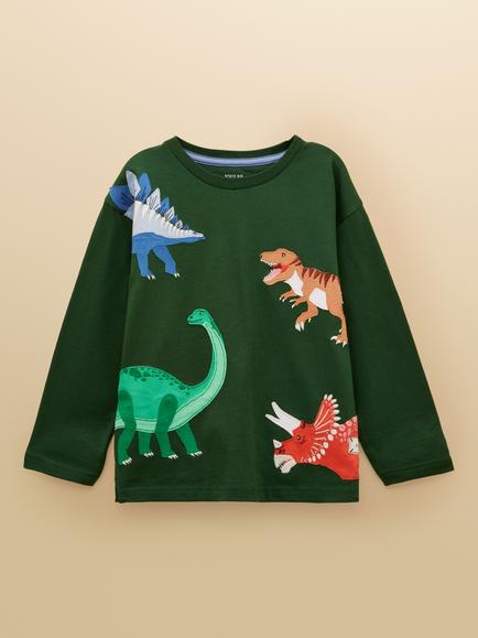 Joules Kids' Cotton Long Sleeve Dinosaur Top, Green, Green