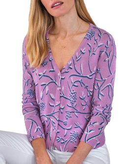 Pure Collection Cashmere Gassato Vine Leaf Cashmere V-Neck Cardigan, Damson Navy