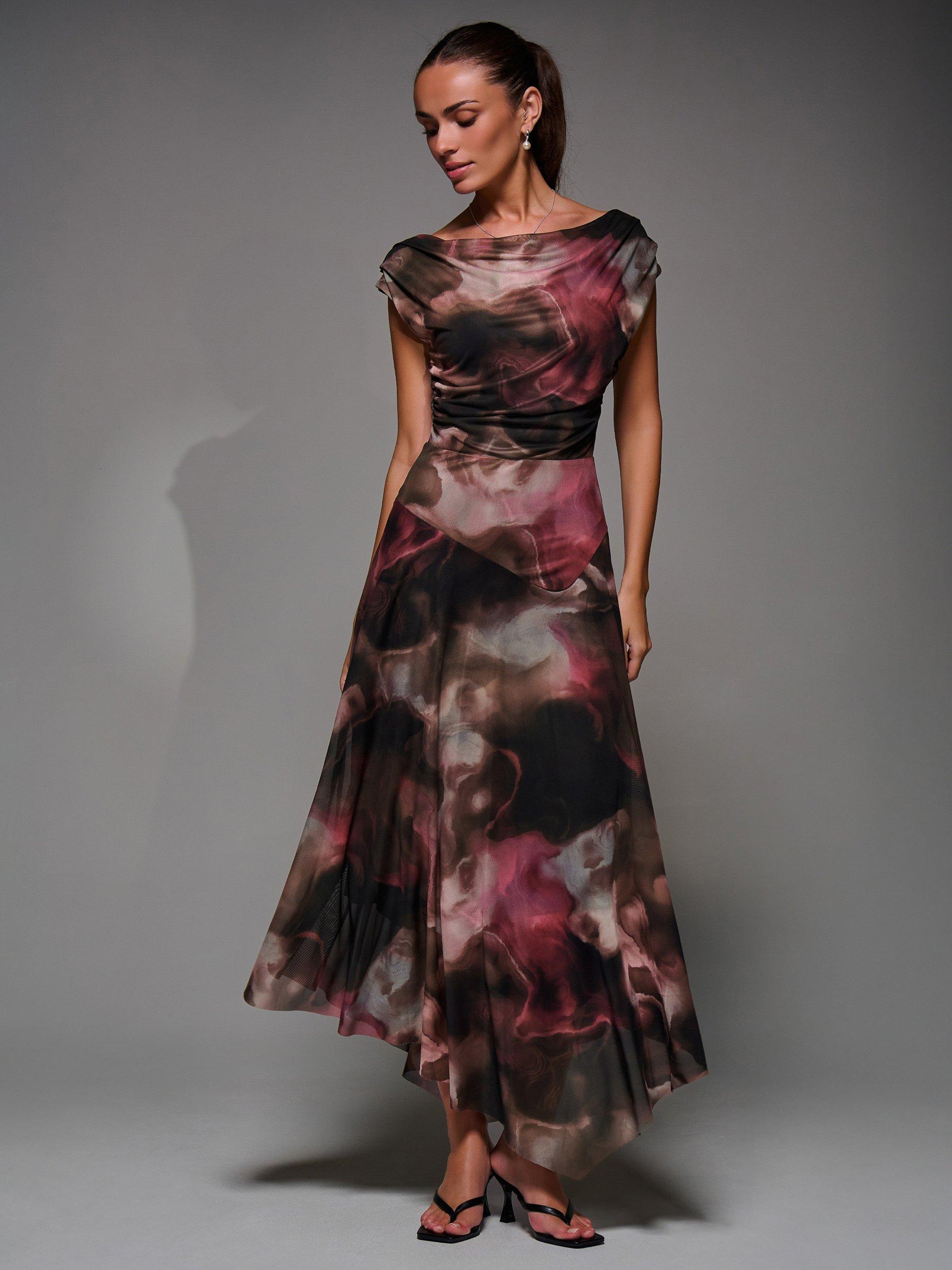 Product image 1 of 7, which shows Jolie Moi Abstract Asymmetric Drape Mesh Dress, Multi, 8
