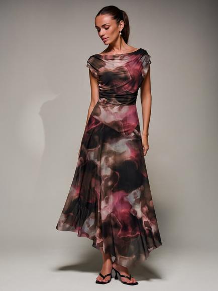 Jolie Moi Abstract Asymmetric Drape Mesh Dress, Multi, Multi