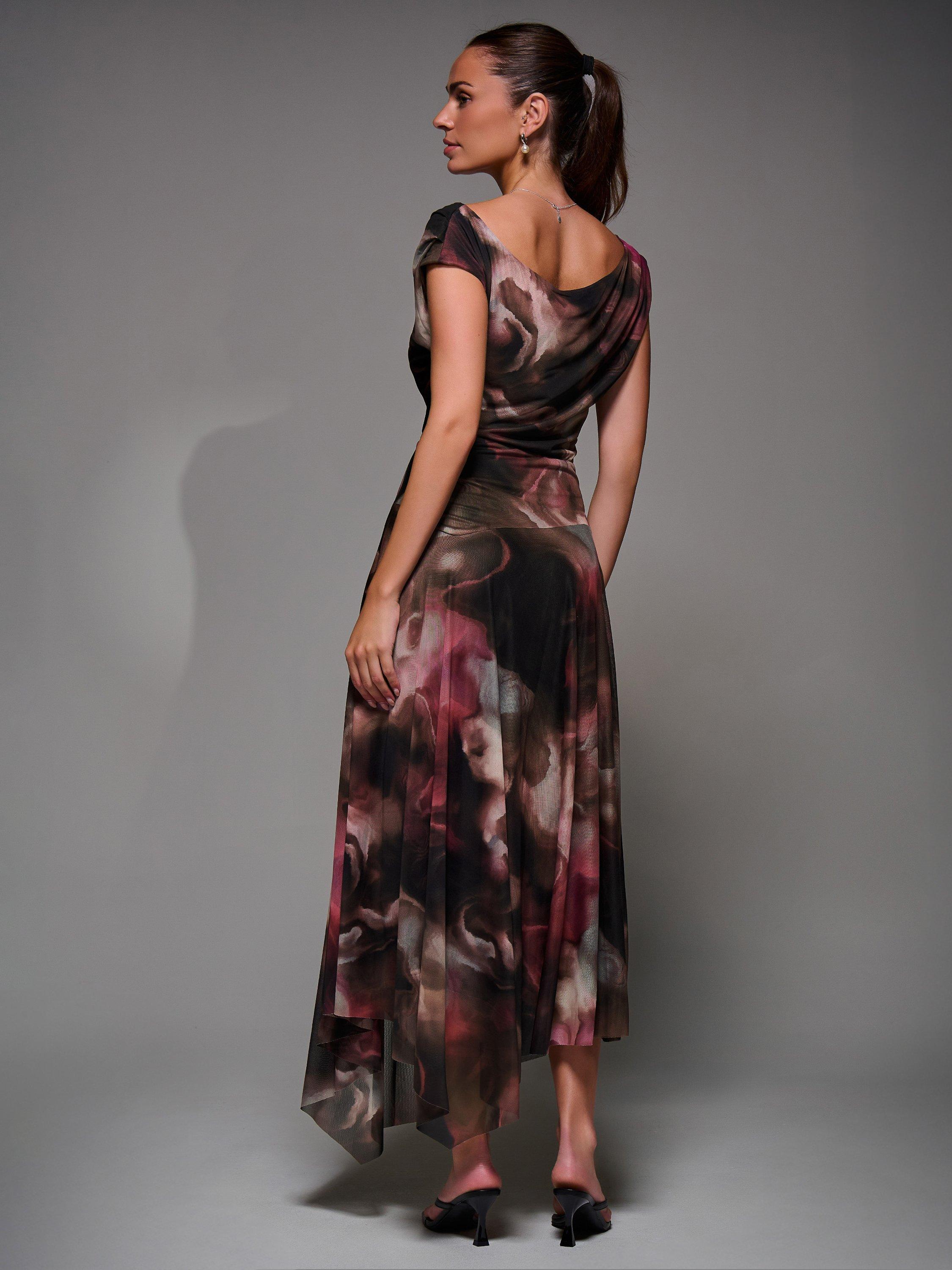 Product image 2 of 7, which shows Jolie Moi Abstract Asymmetric Drape Mesh Dress, Multi, 8