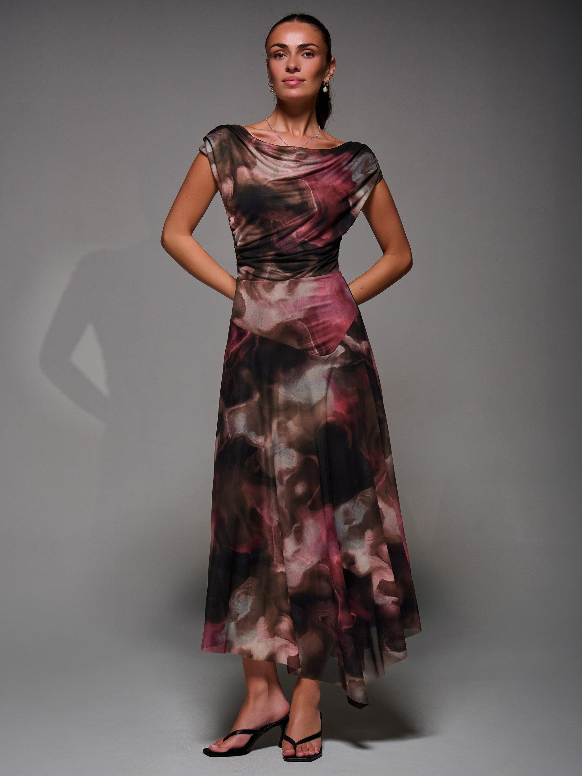 Product image 3 of 7, which shows Jolie Moi Abstract Asymmetric Drape Mesh Dress, Multi, 8