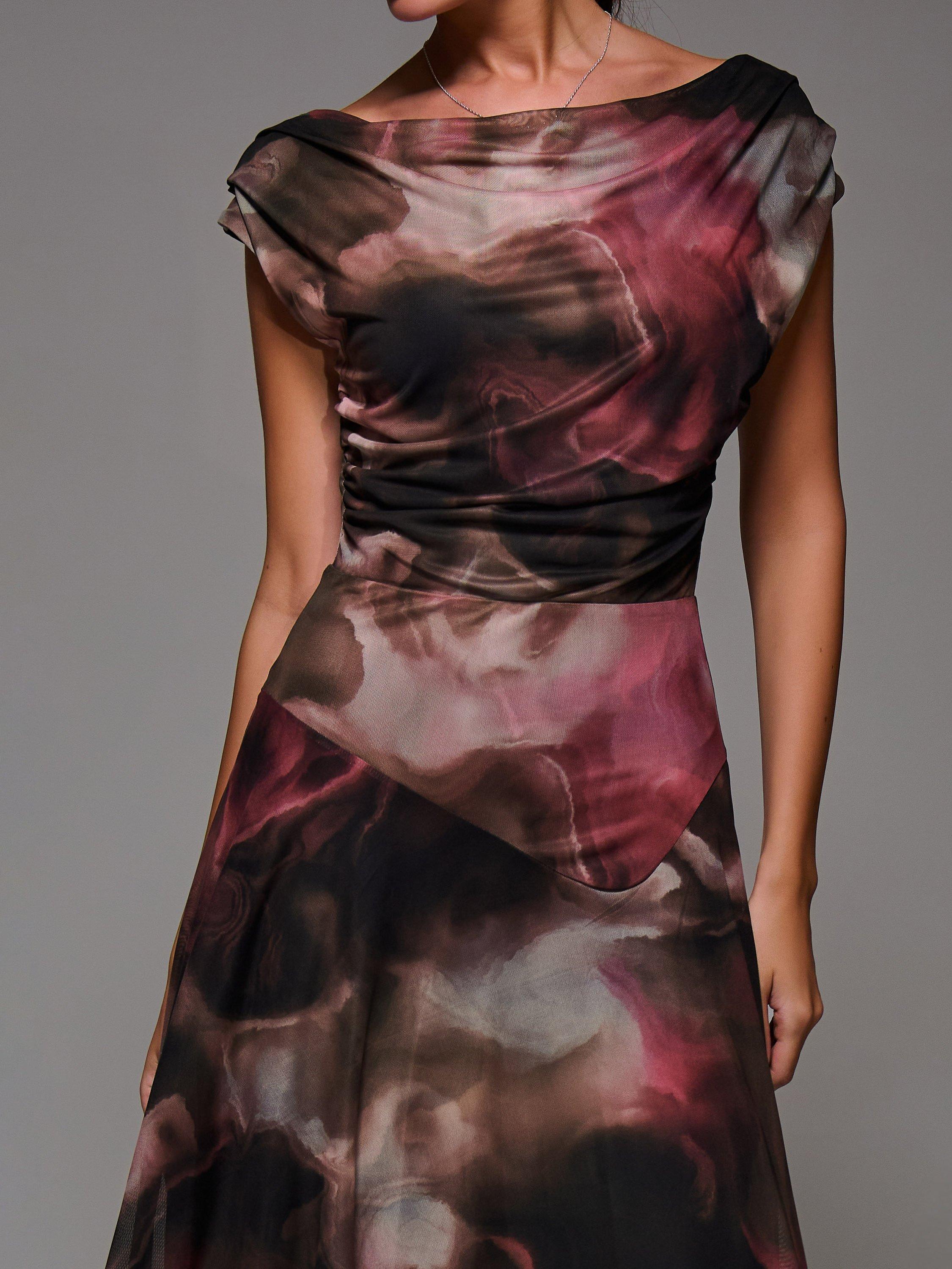 Product image 4 of 7, which shows Jolie Moi Abstract Asymmetric Drape Mesh Dress, Multi, 8