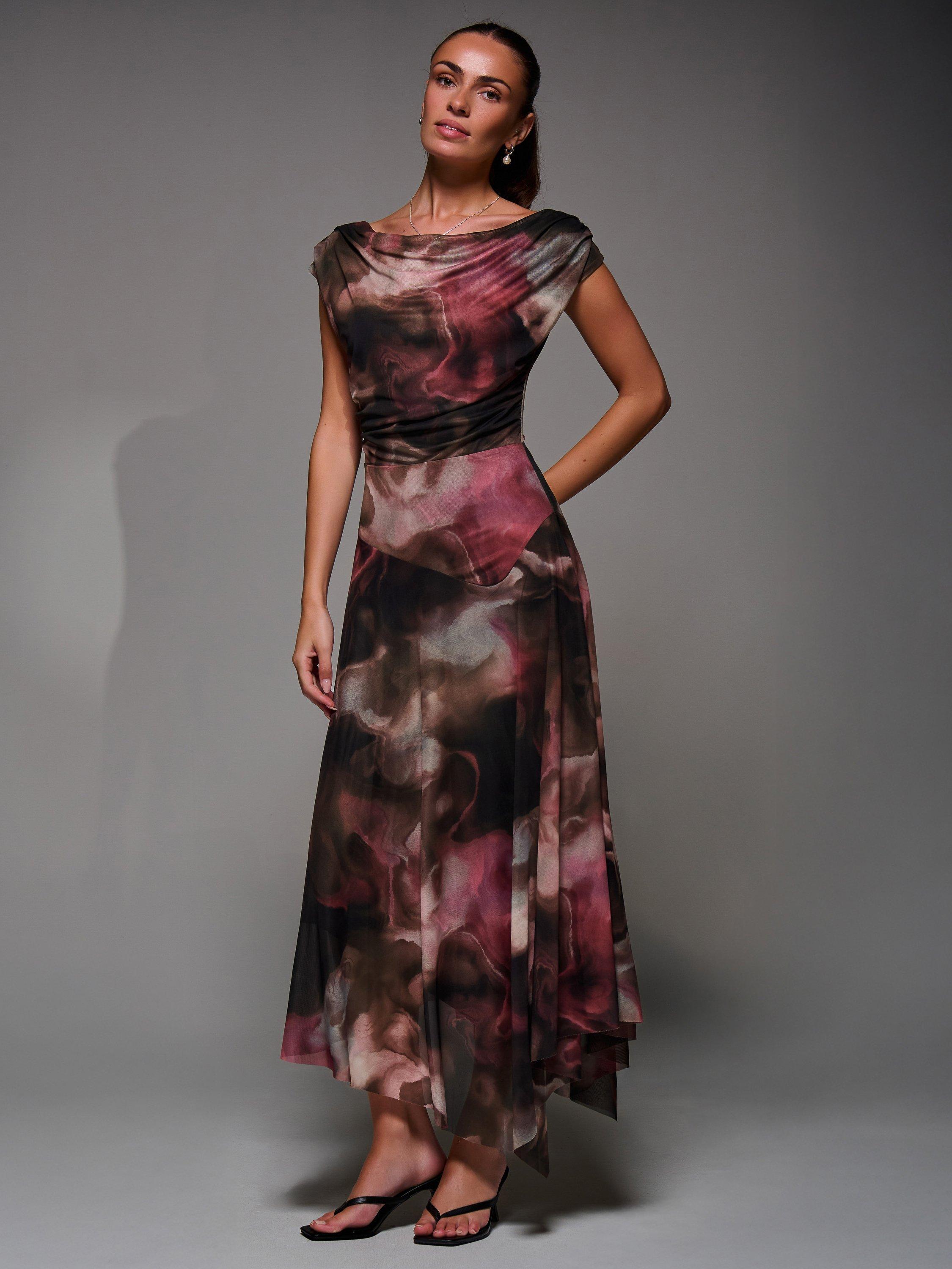 Product image 5 of 7, which shows Jolie Moi Abstract Asymmetric Drape Mesh Dress, Multi, 8