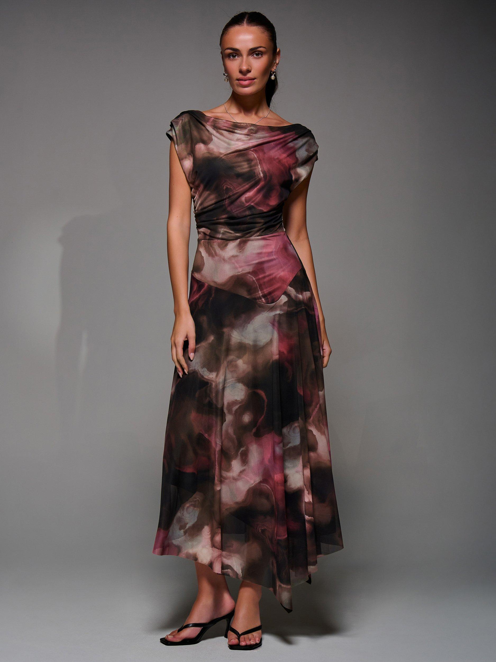 Product image 6 of 7, which shows Jolie Moi Abstract Asymmetric Drape Mesh Dress, Multi, 8
