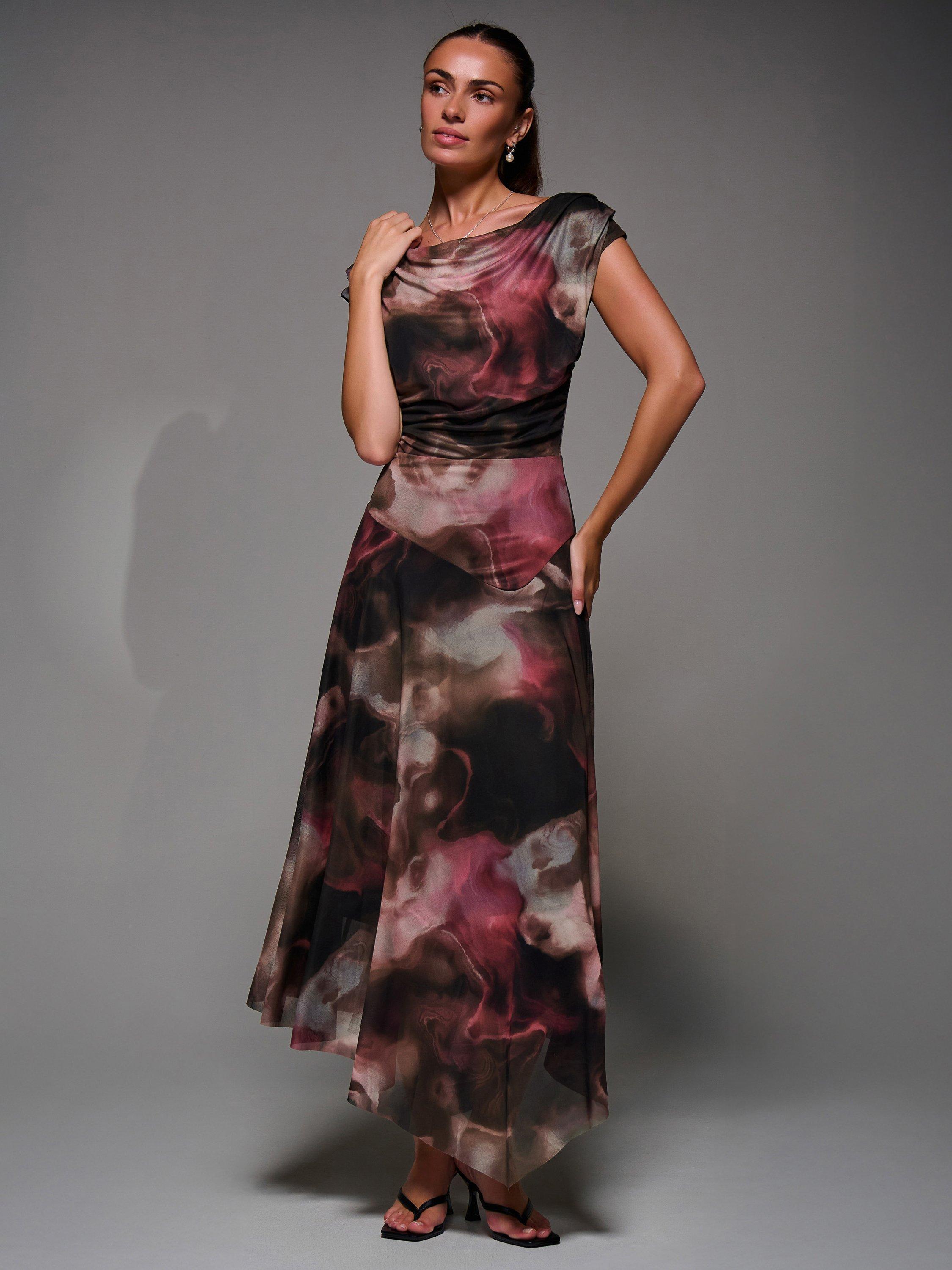 Product image 7 of 7, which shows Jolie Moi Abstract Asymmetric Drape Mesh Dress, Multi, 8