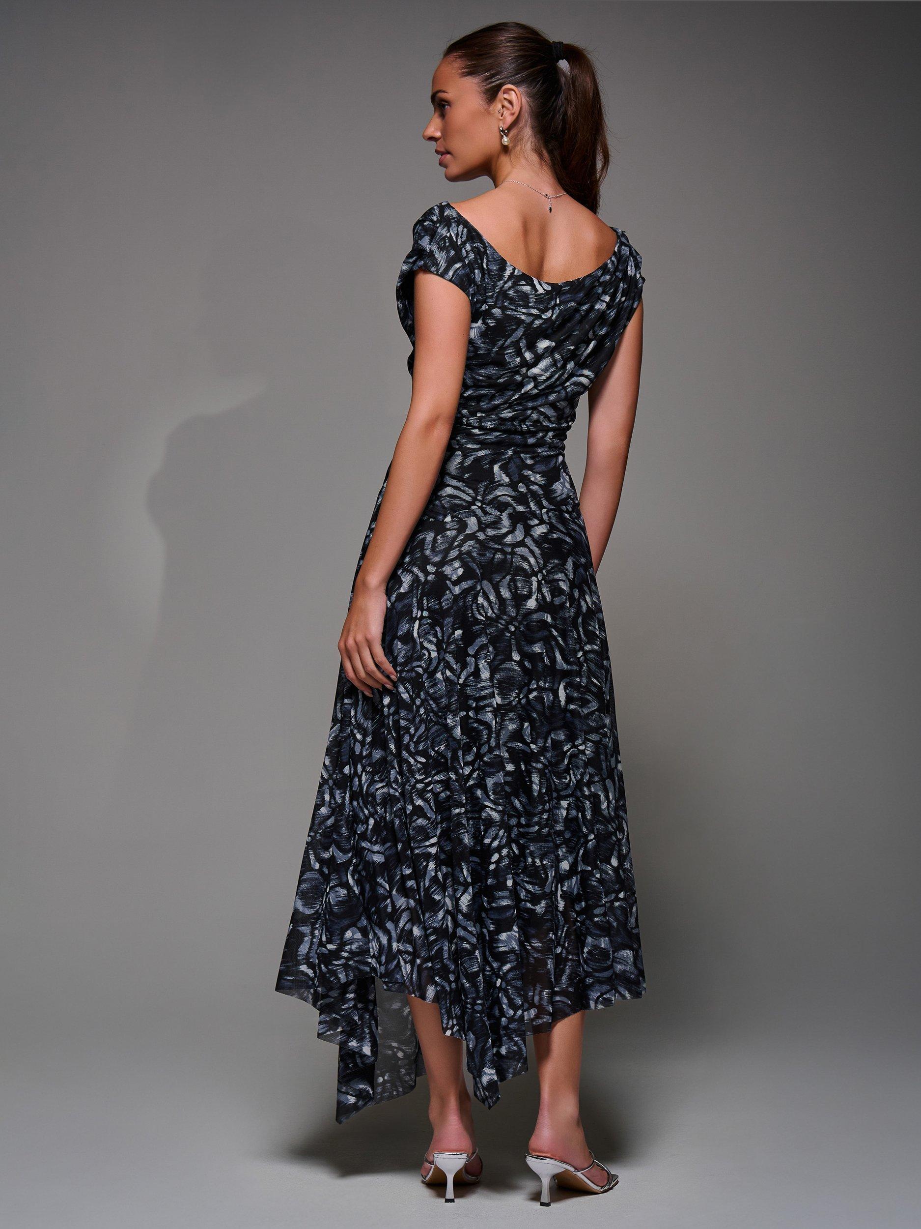 Product image 2 of 7, which shows Jolie Moi Abstract Asymmetric Mesh Dress, Black/Multi, 8