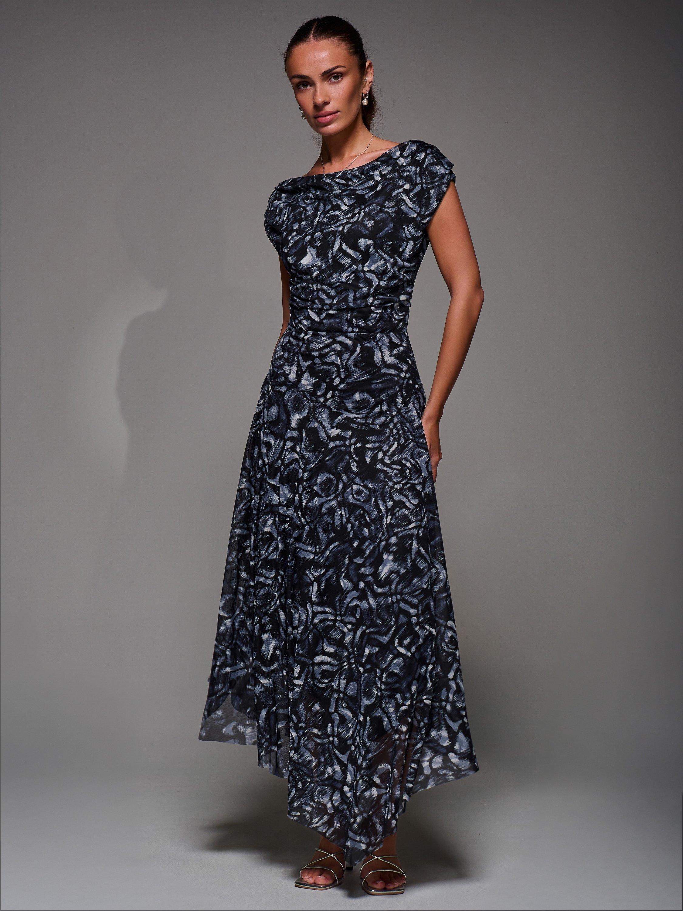 Product image 3 of 7, which shows Jolie Moi Abstract Asymmetric Mesh Dress, Black/Multi, 8