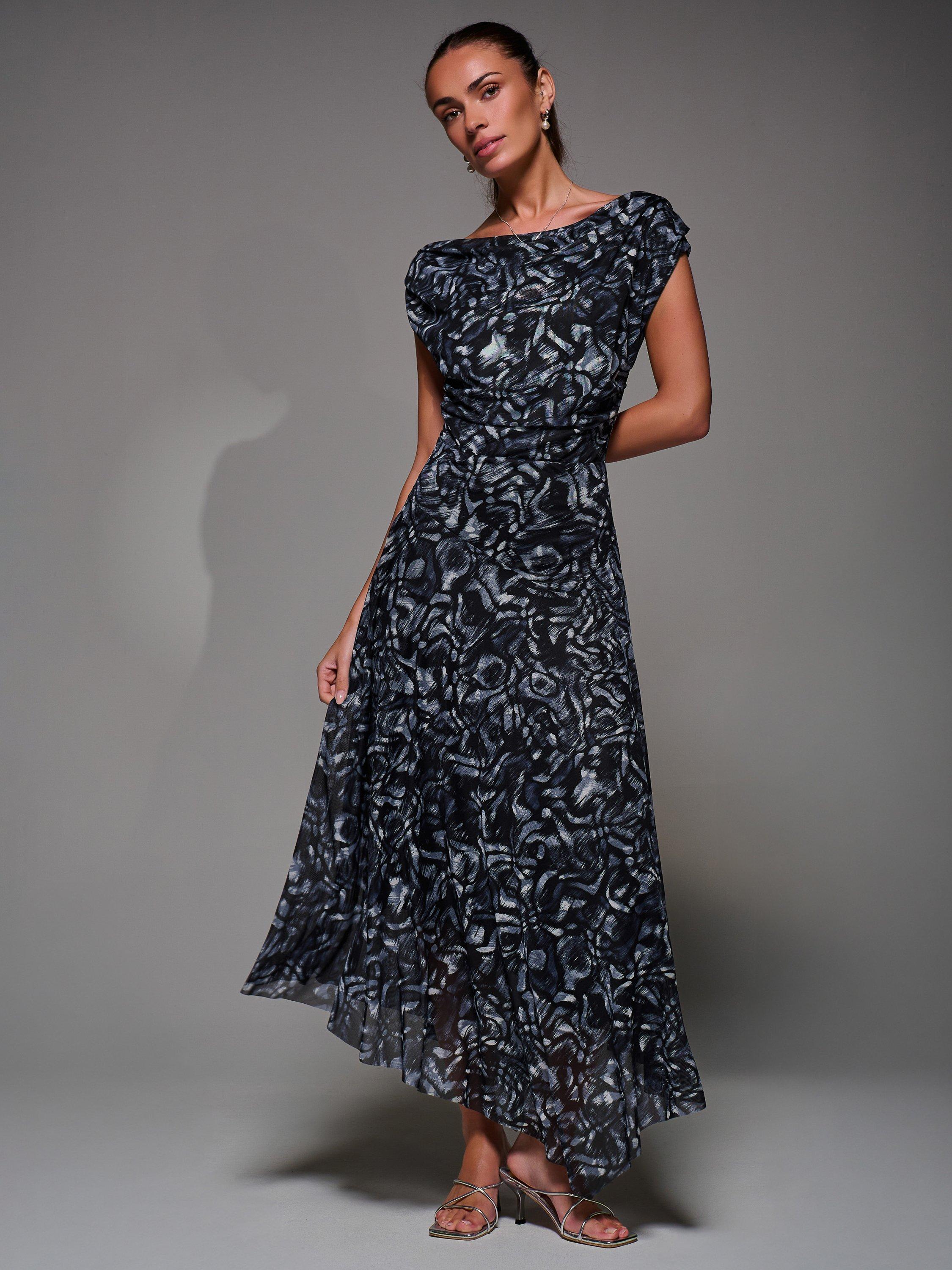 Product image 5 of 7, which shows Jolie Moi Abstract Asymmetric Mesh Dress, Black/Multi, 8